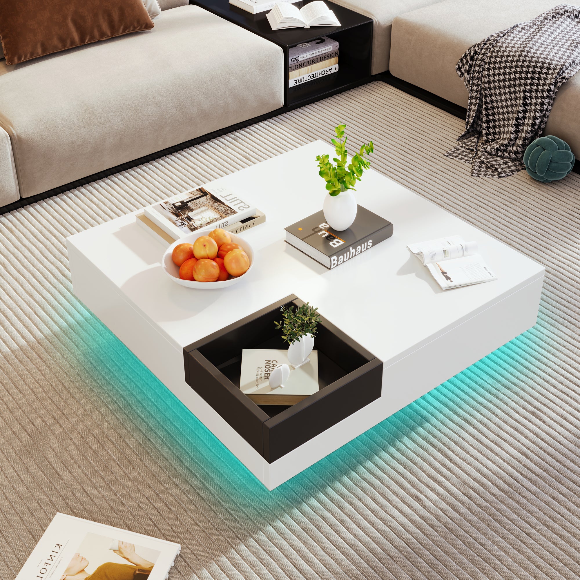 Coffee Table, High-Gloss with Removable Storage Box and LED Light Effect, White and Black