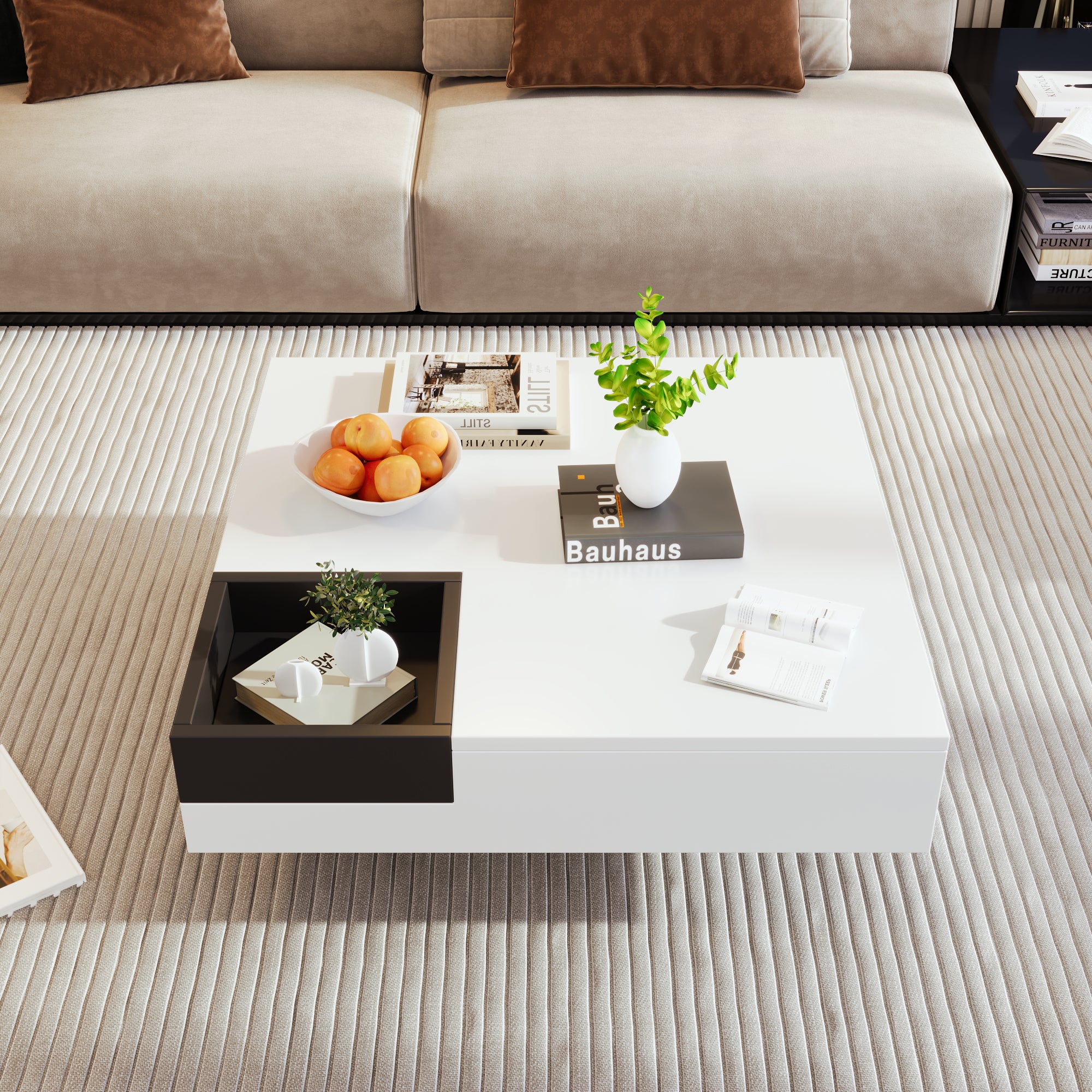 Coffee Table, High-Gloss with Removable Storage Box and LED Light Effect, White and Black