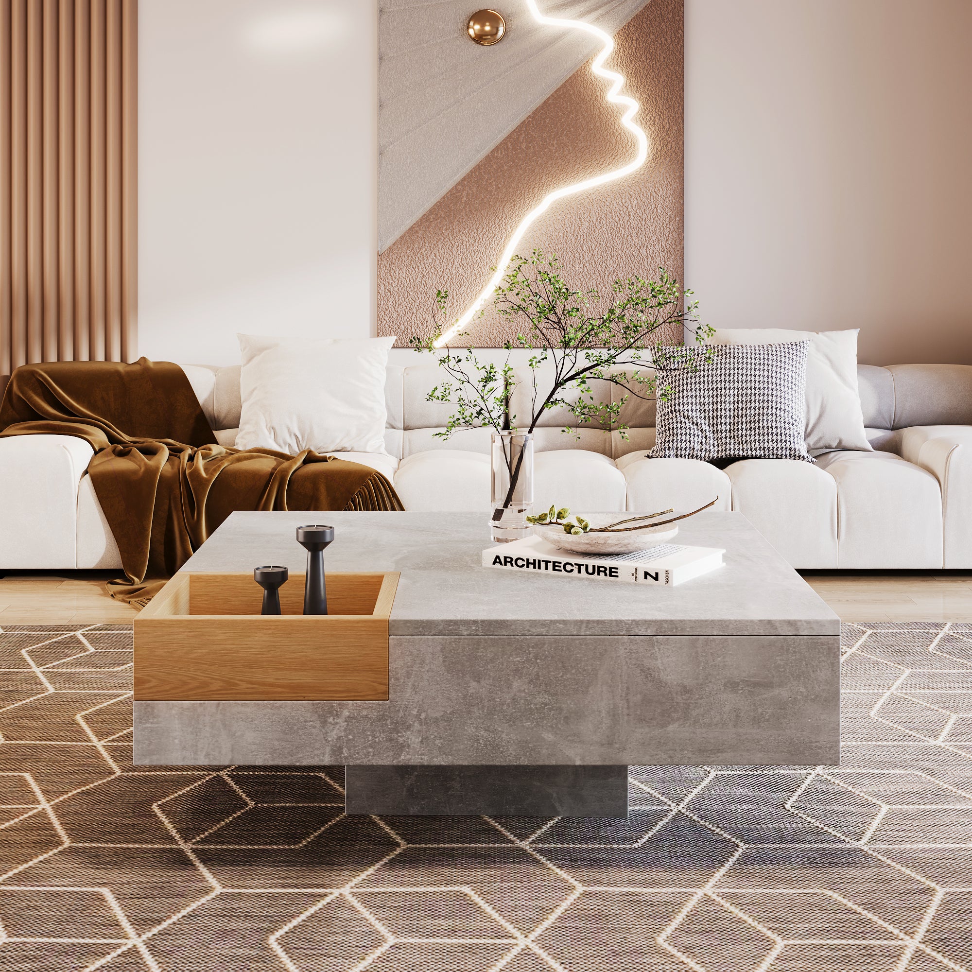 Coffee Table with Removable Storage Box, Concrete Gray and Wood