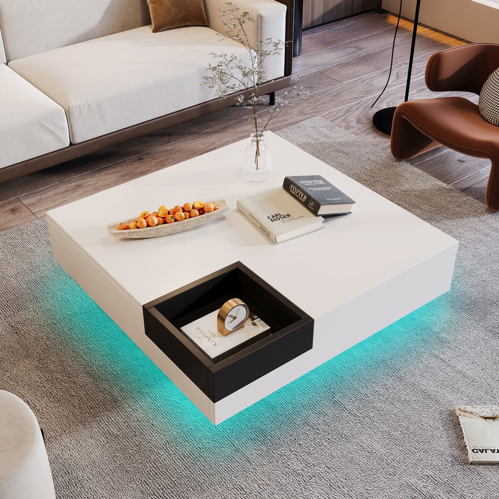 Coffee Table, High-Gloss with Removable Storage Box and LED Light Effect, White and Black