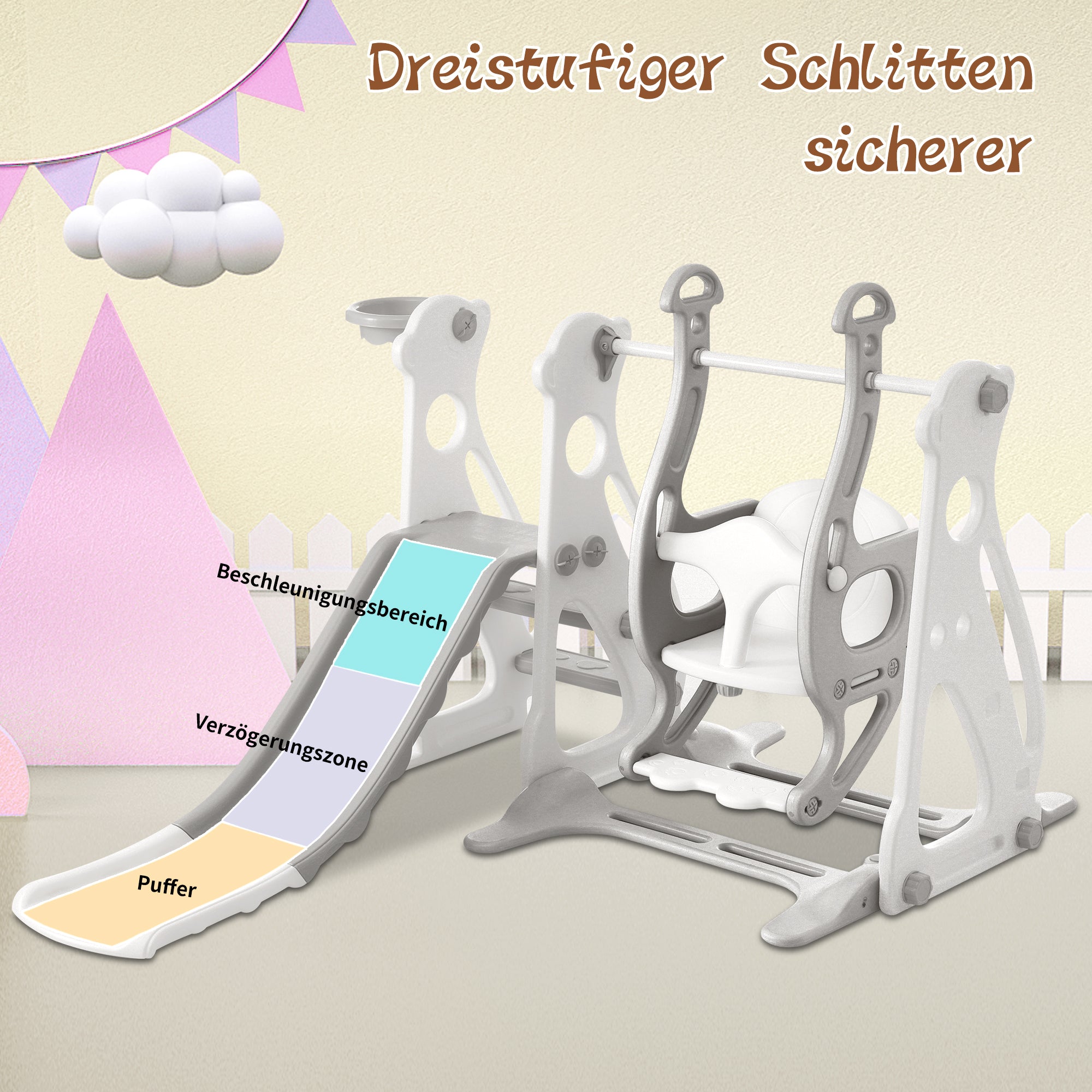 Children's Slide with Swing, 4-in-1 Slide, Swing, Basketball Hoop, PP