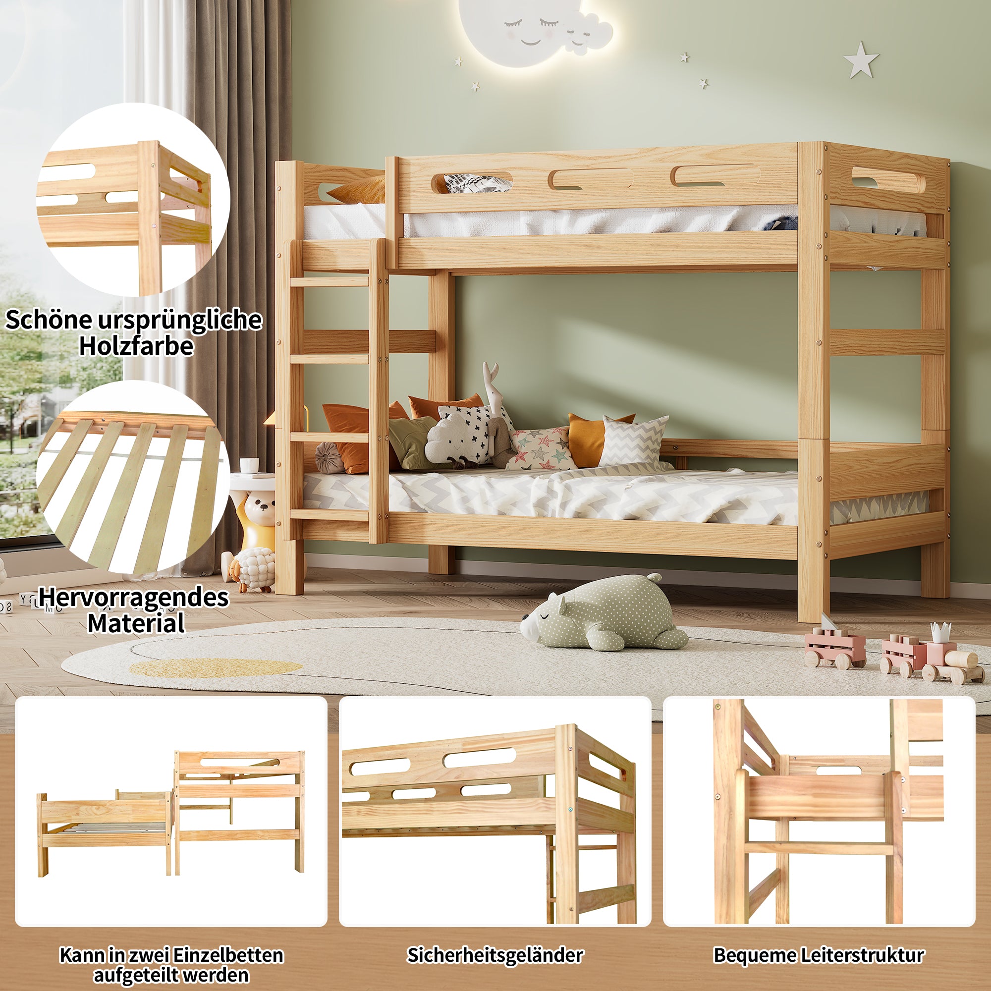 Bunk Bed 90x200cm Divisible 2 Single Beds Sturdy Pine Frame, Natural
