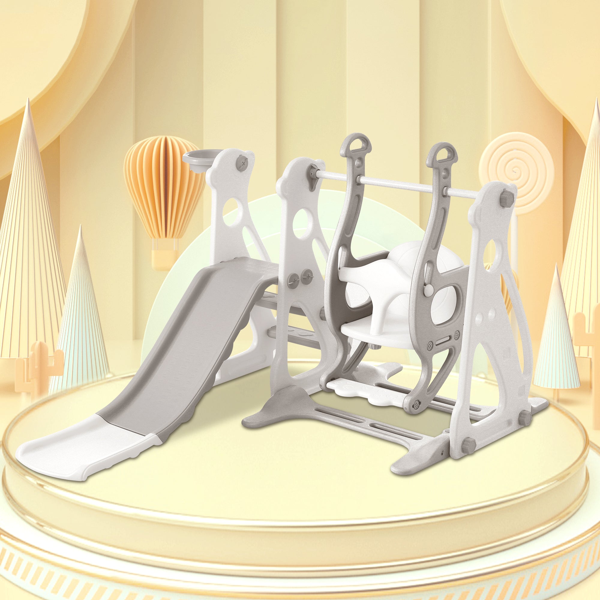 Children's Slide with Swing, 4-in-1 Slide, Swing, Basketball Hoop, PP