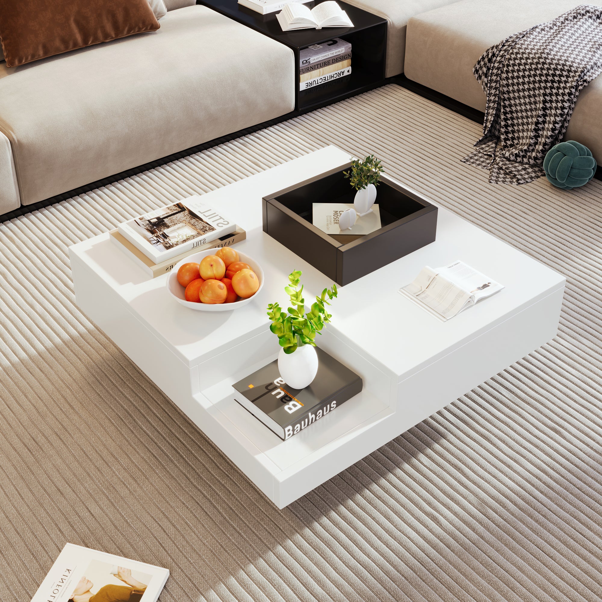 Coffee Table, High-Gloss with Removable Storage Box and LED Light Effect, White and Black