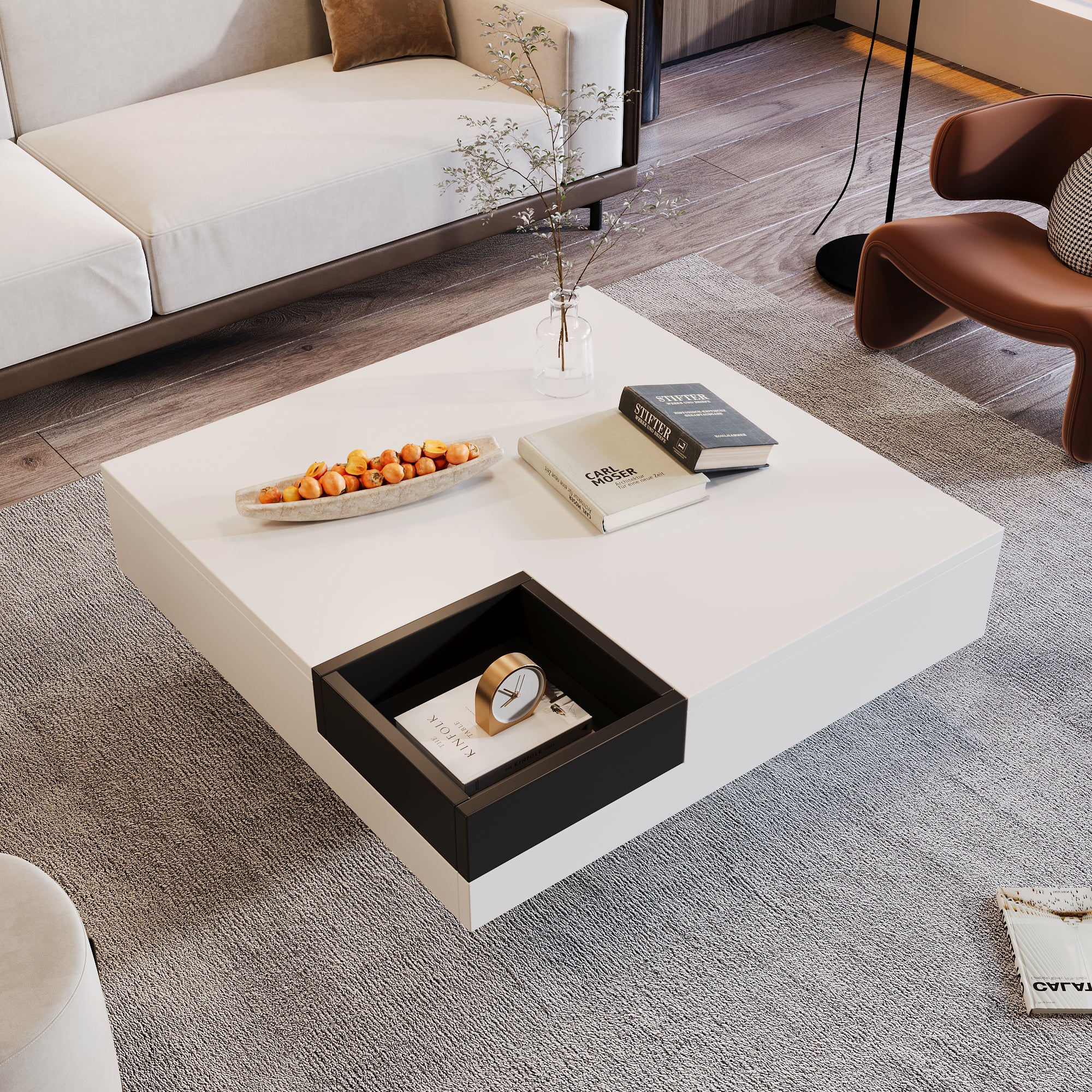 Coffee Table, High-Gloss with Removable Storage Box and LED Light Effect, White and Black