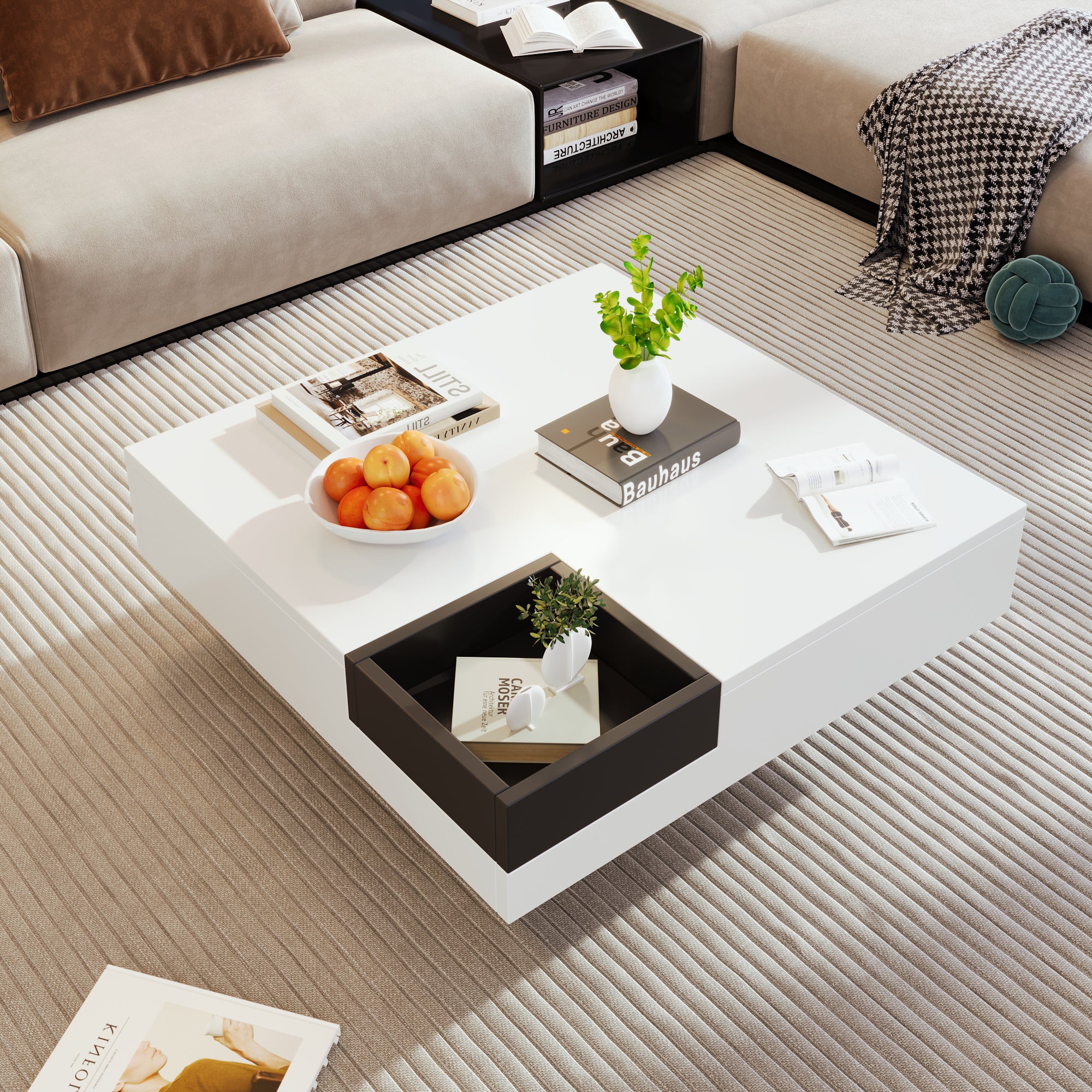 Coffee Table, High-Gloss with Removable Storage Box and LED Light Effect, White and Black
