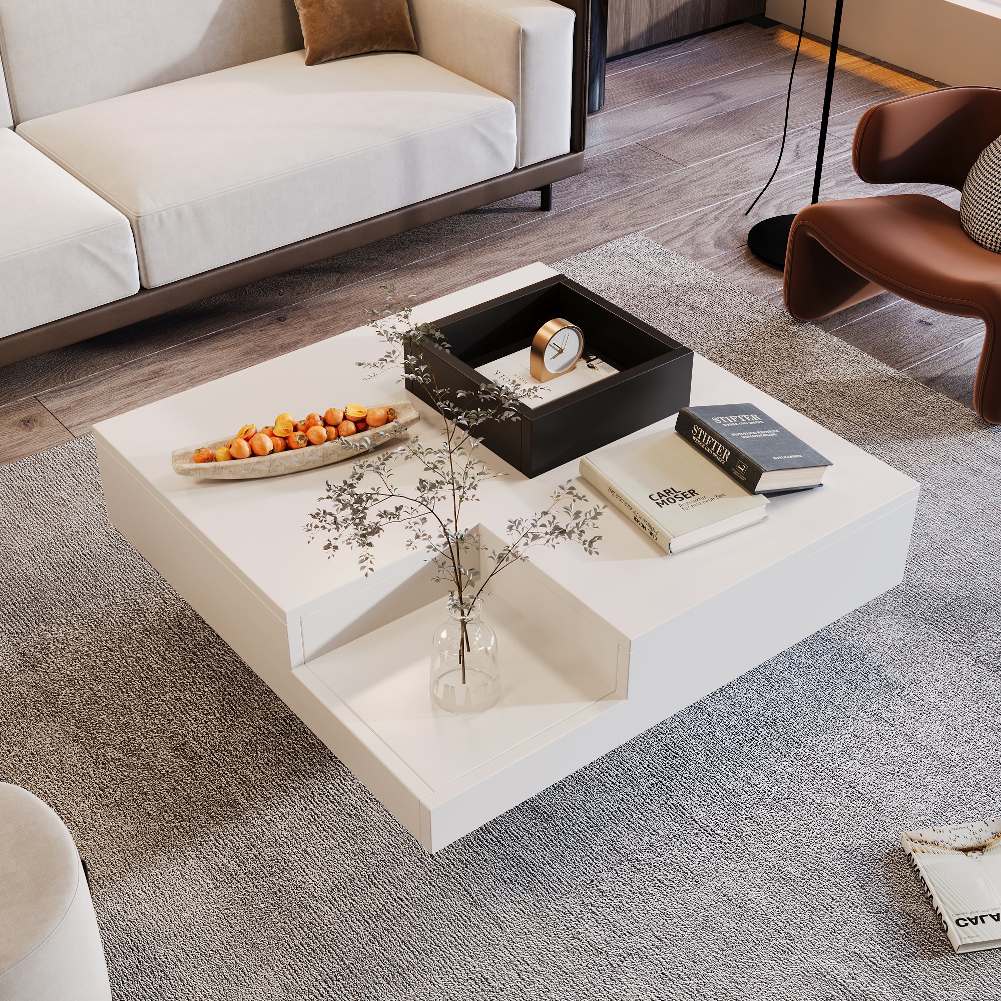 Coffee Table, High-Gloss with Removable Storage Box and LED Light Effect, White and Black