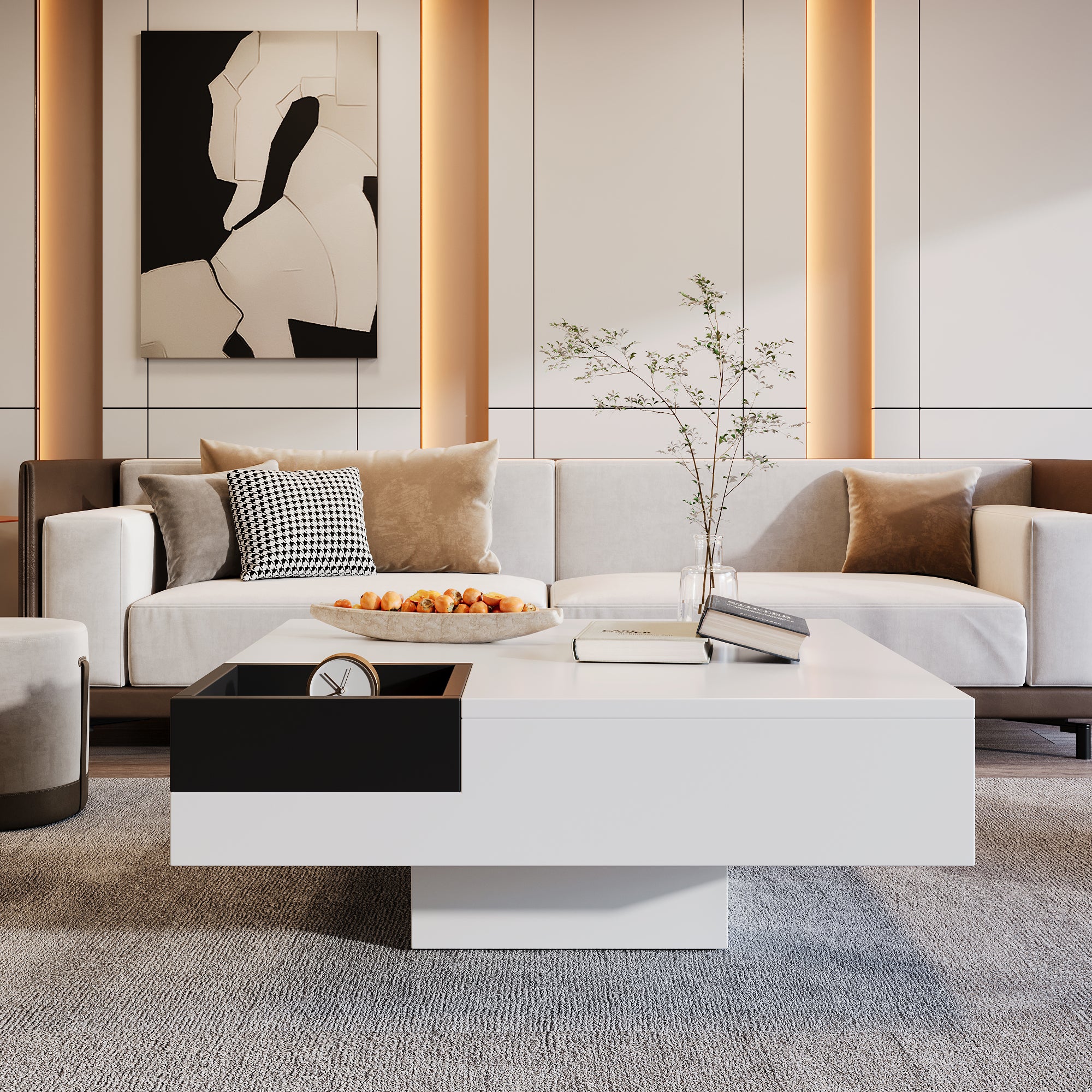 Coffee Table, High-Gloss with Removable Storage Box and LED Light Effect, White and Black