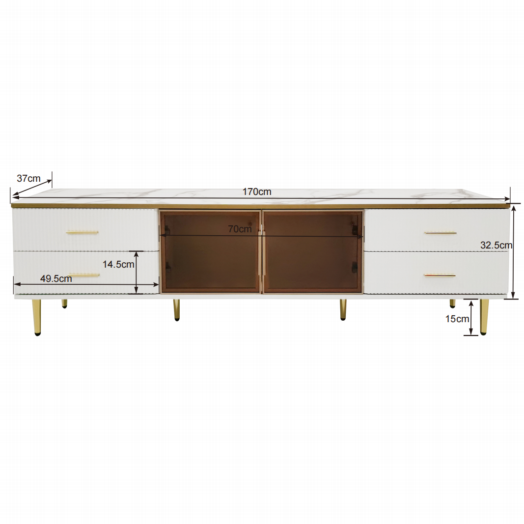 TV Cabinet, 4-Drawer, 2-Door Lowboard, Marble Look with Brown Tempered Glass