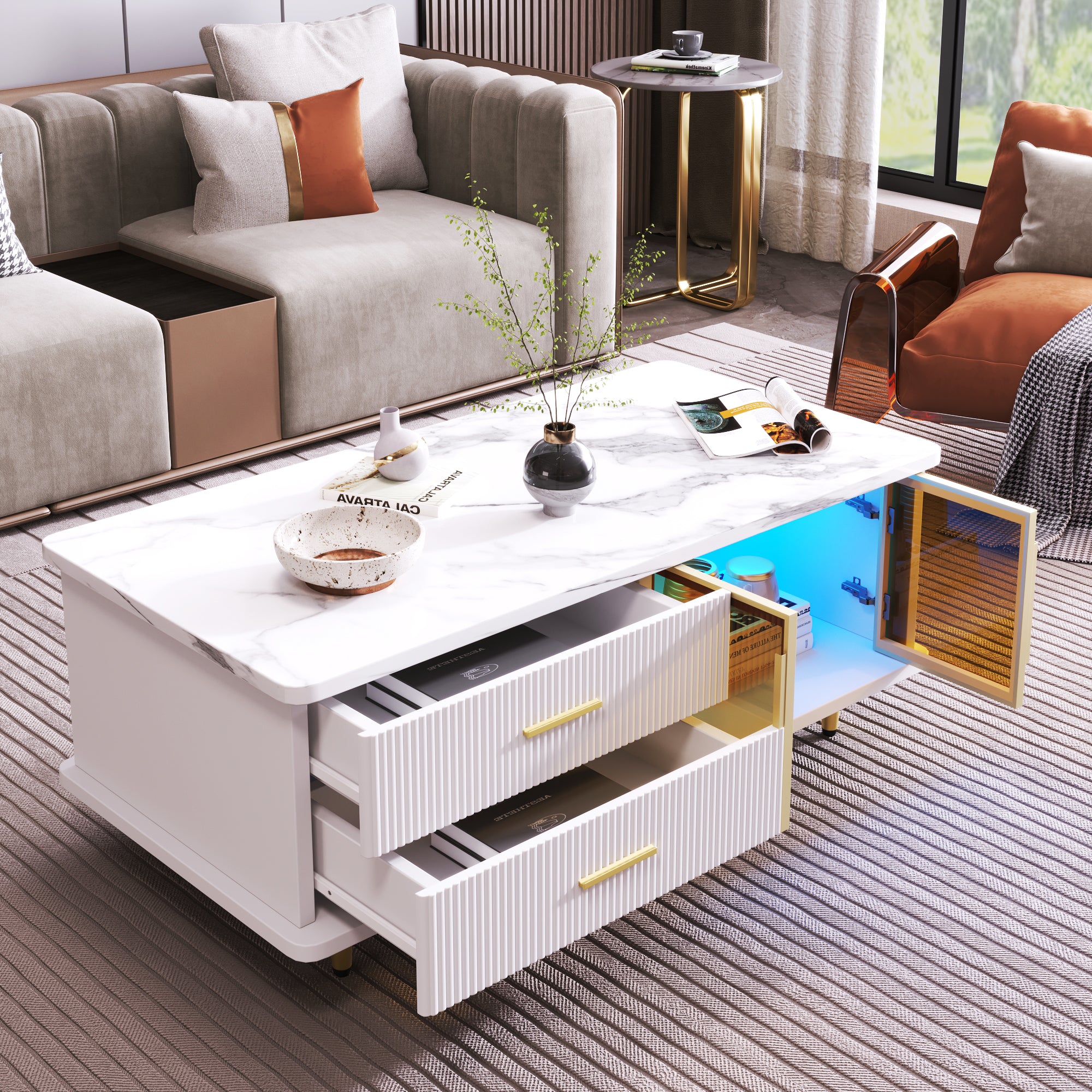 Coffee Table with Tempered Glass Door, Wave-Textured Drawers, Gold Handles, Marble Top
