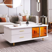 Coffee Table with Tempered Glass Door, Wave-Textured Drawers, Gold Handles, Marble Top
