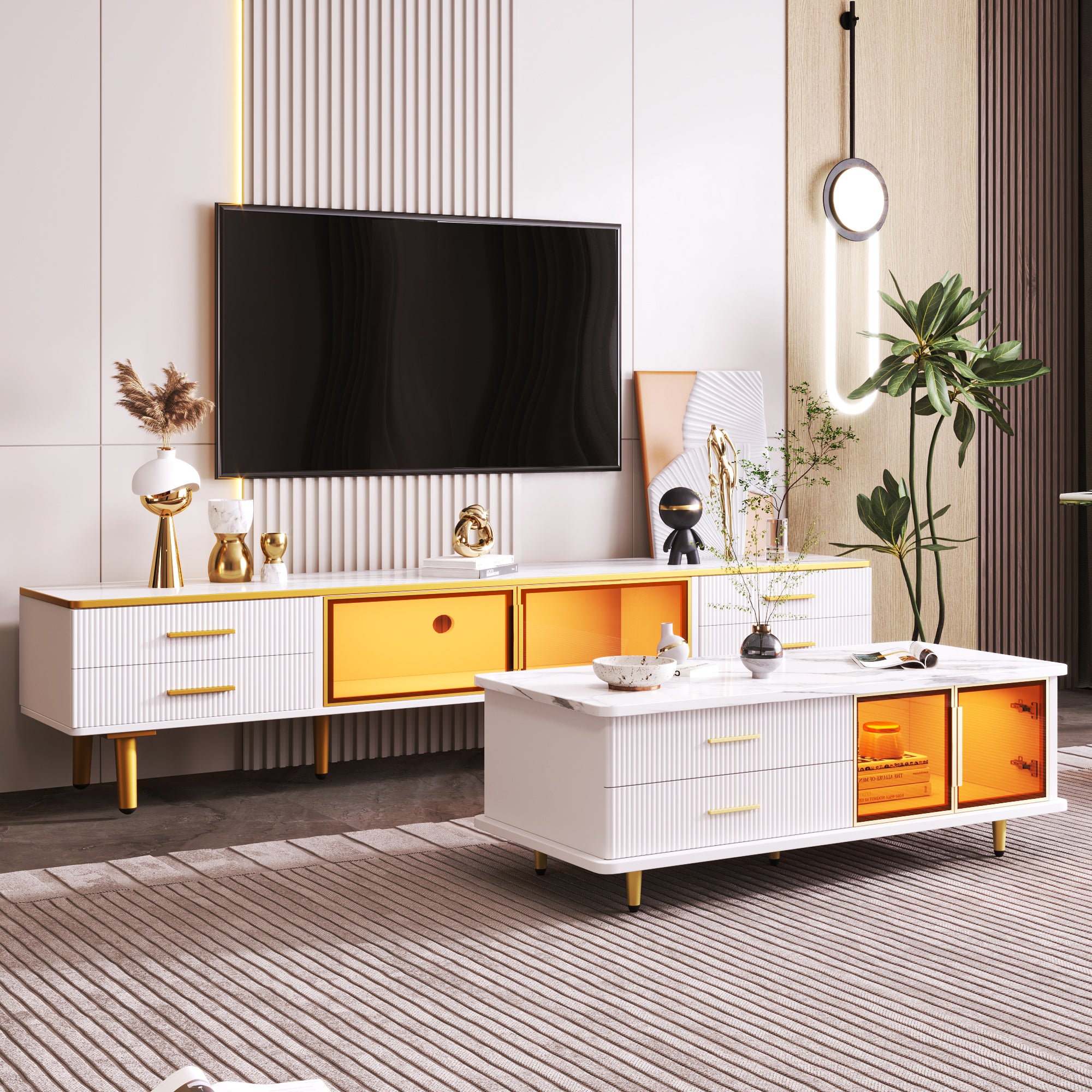 TV Cabinet, 4-Drawer, 2-Door Lowboard, Marble Look with Brown Tempered Glass