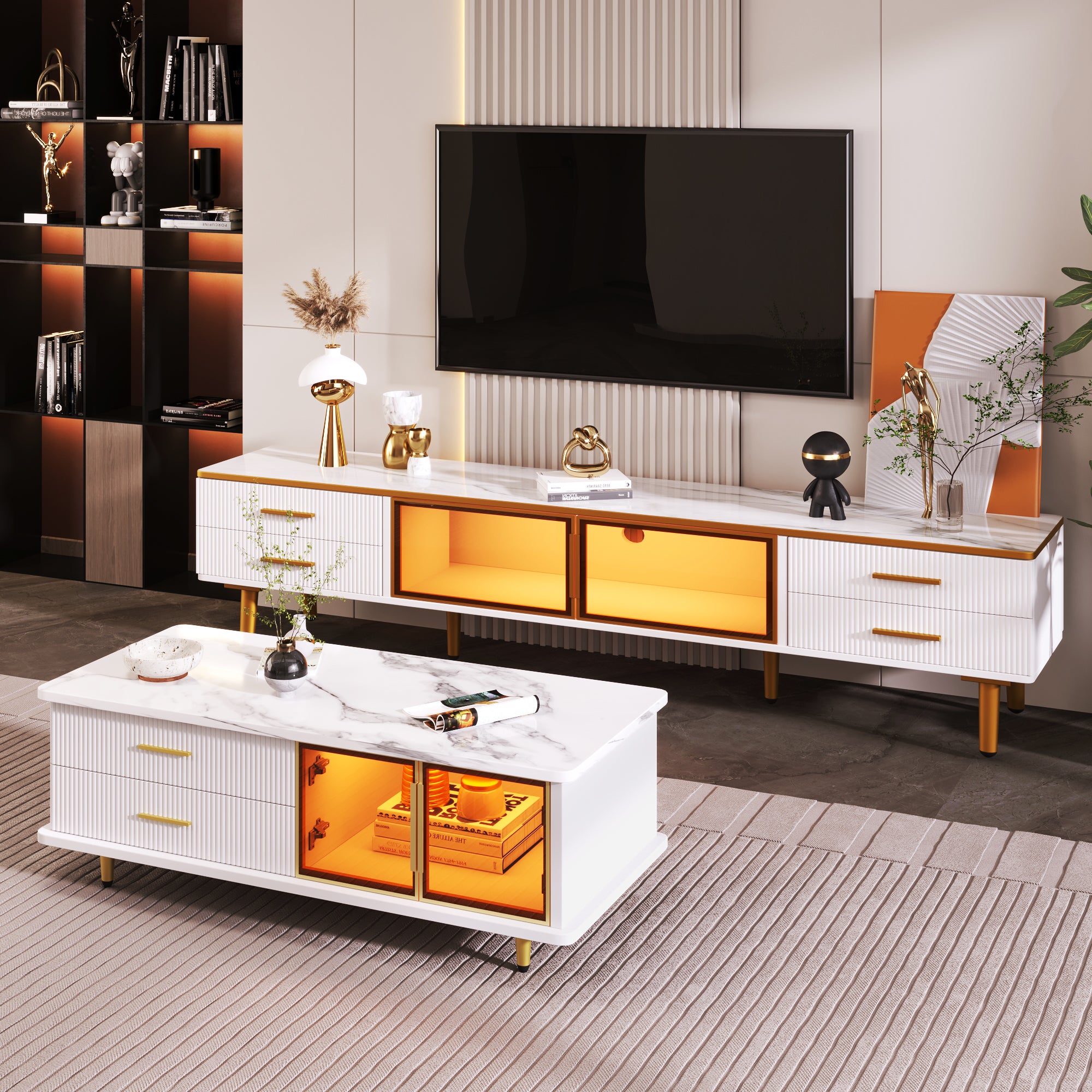 Coffee Table with Tempered Glass Door, Wave-Textured Drawers, Gold Handles, Marble Top