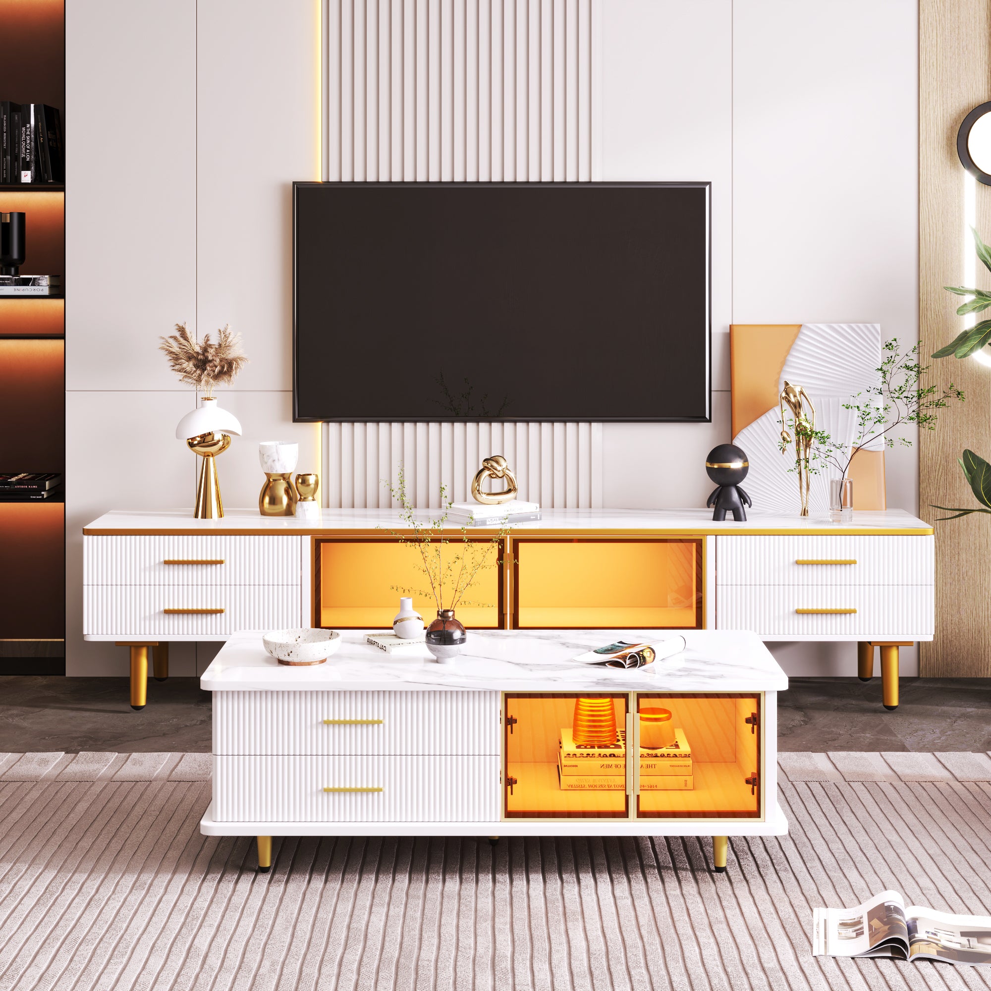 TV Cabinet, 4-Drawer, 2-Door Lowboard, Marble Look with Brown Tempered Glass