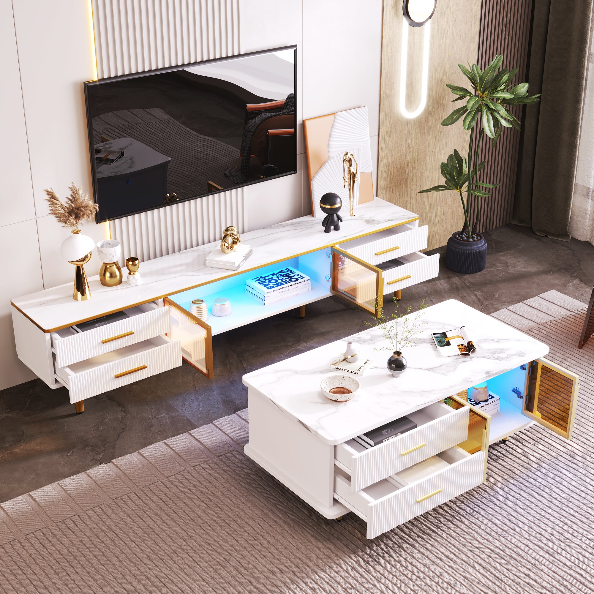Coffee Table with Tempered Glass Door, Wave-Textured Drawers, Gold Handles, Marble Top