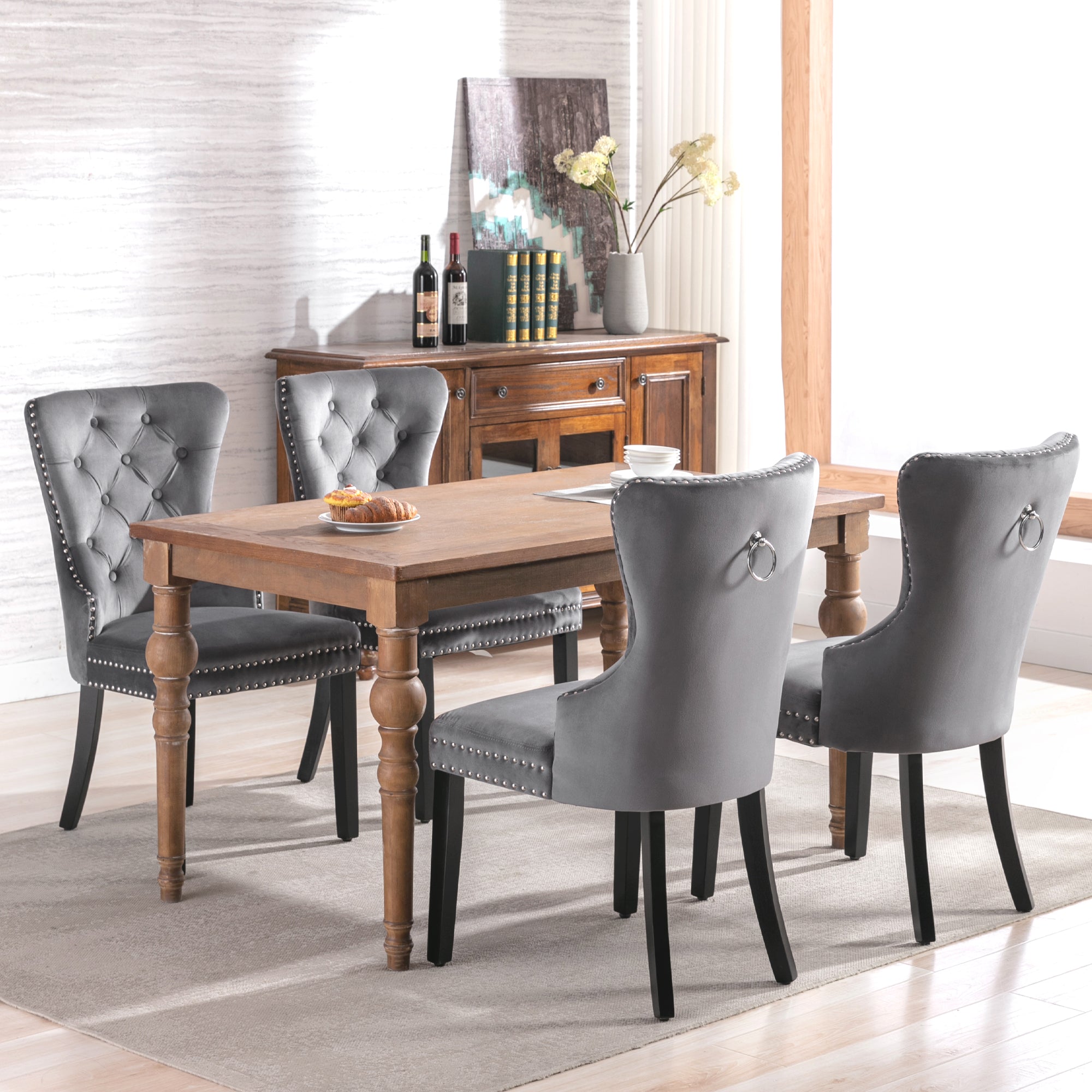 Velvet Dining Chairs Set of 6 with Oak Legs, Chrome Knocker and Nailhead Trim, Grey