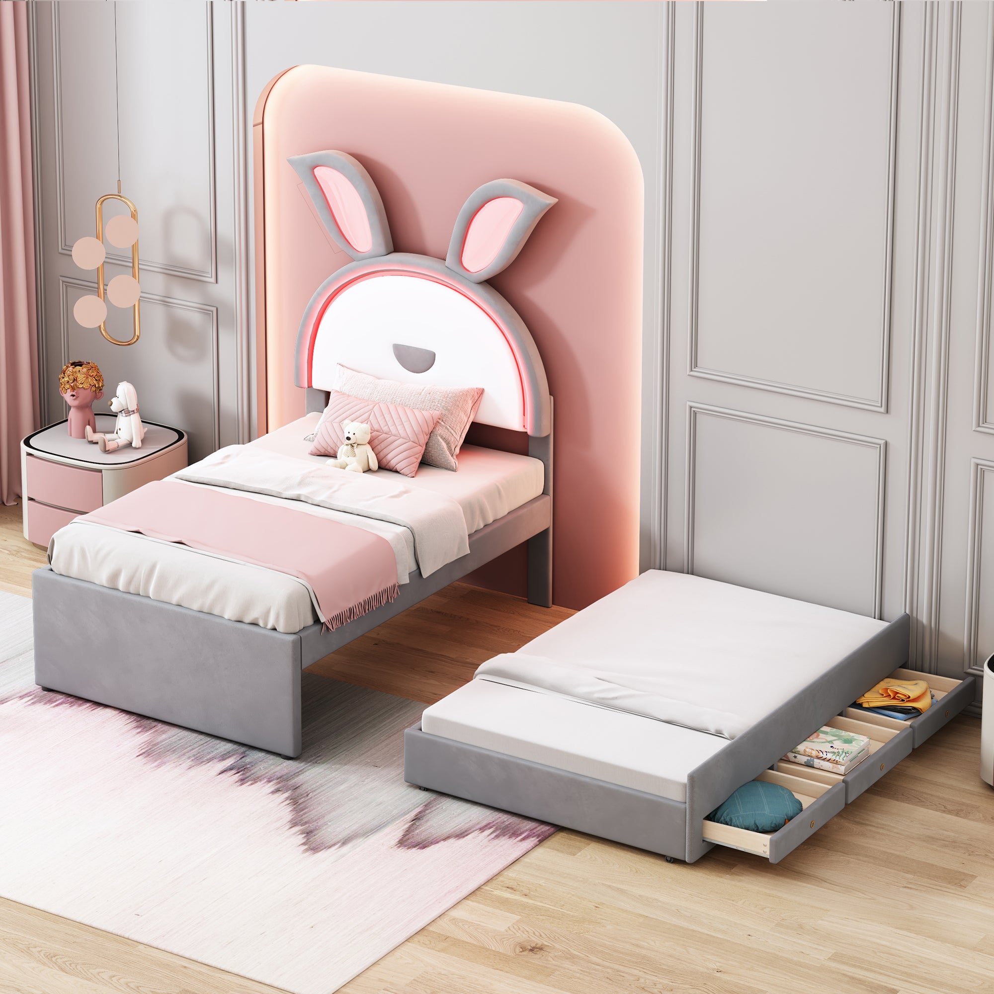 Children's Bed, Upholstered Sofa with Pull-Out, Storage & LED, Gray Velvet