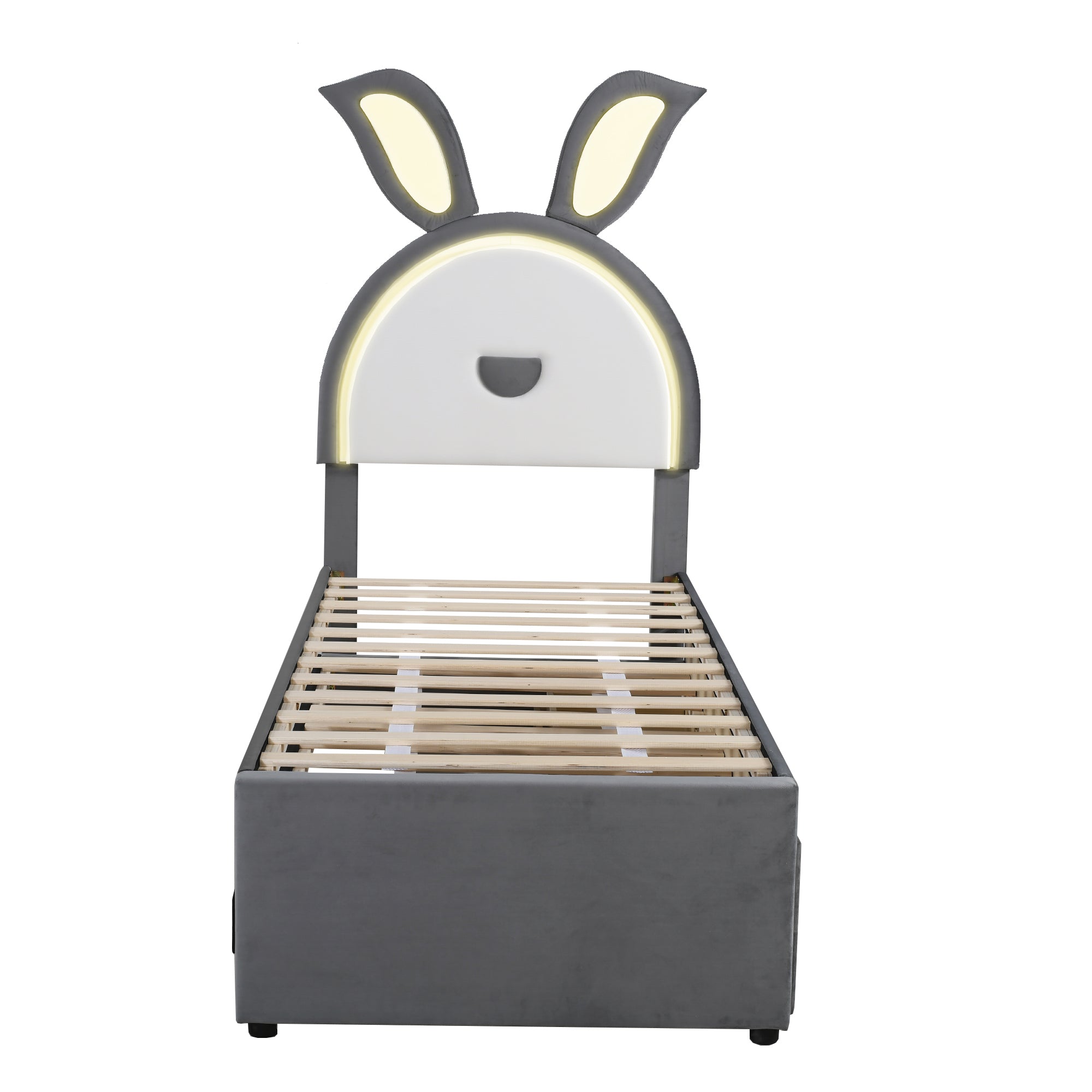 Children's Bed, Upholstered Sofa with Pull-Out, Storage & LED, Gray Velvet