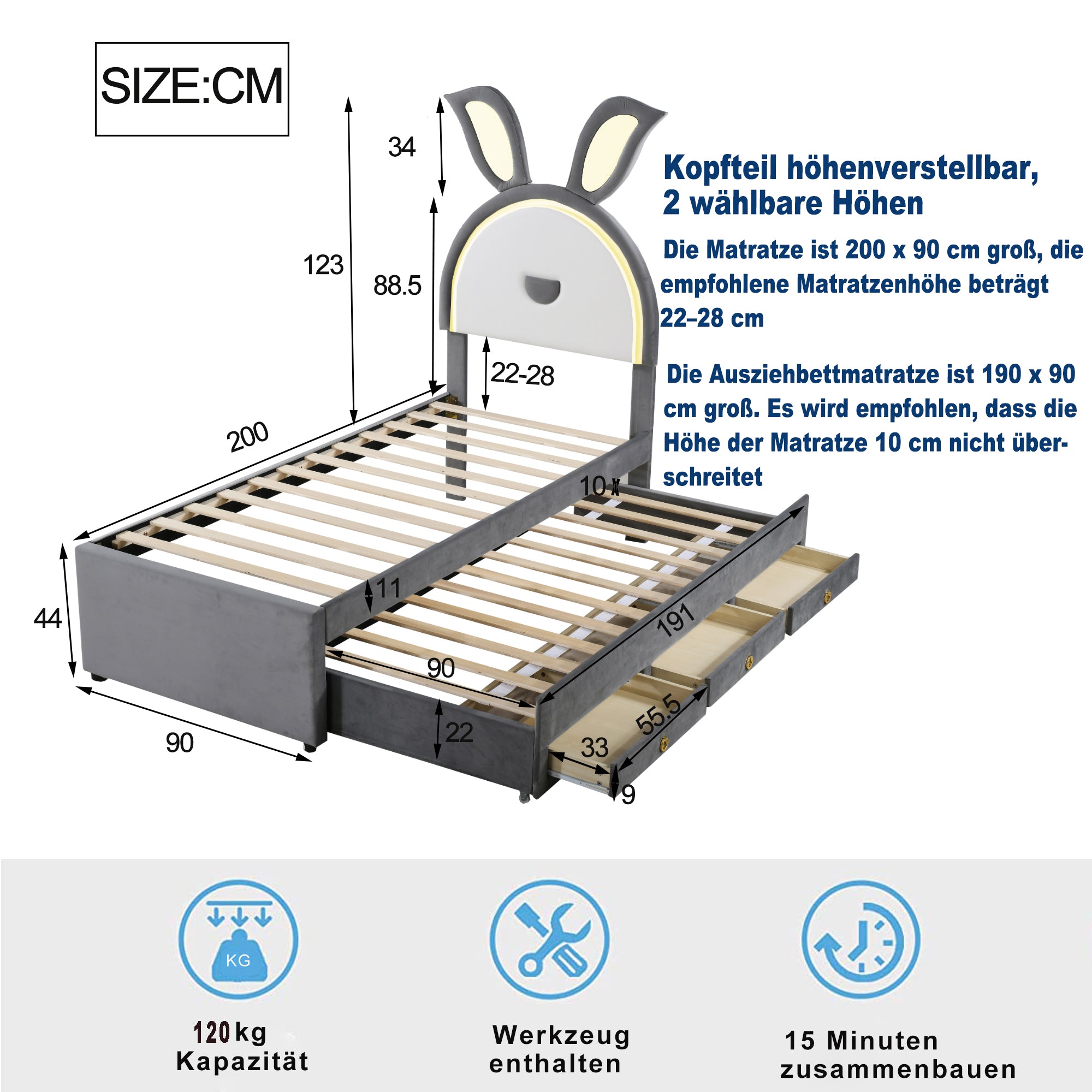 Children's Bed, Upholstered Sofa with Pull-Out, Storage & LED, Gray Velvet