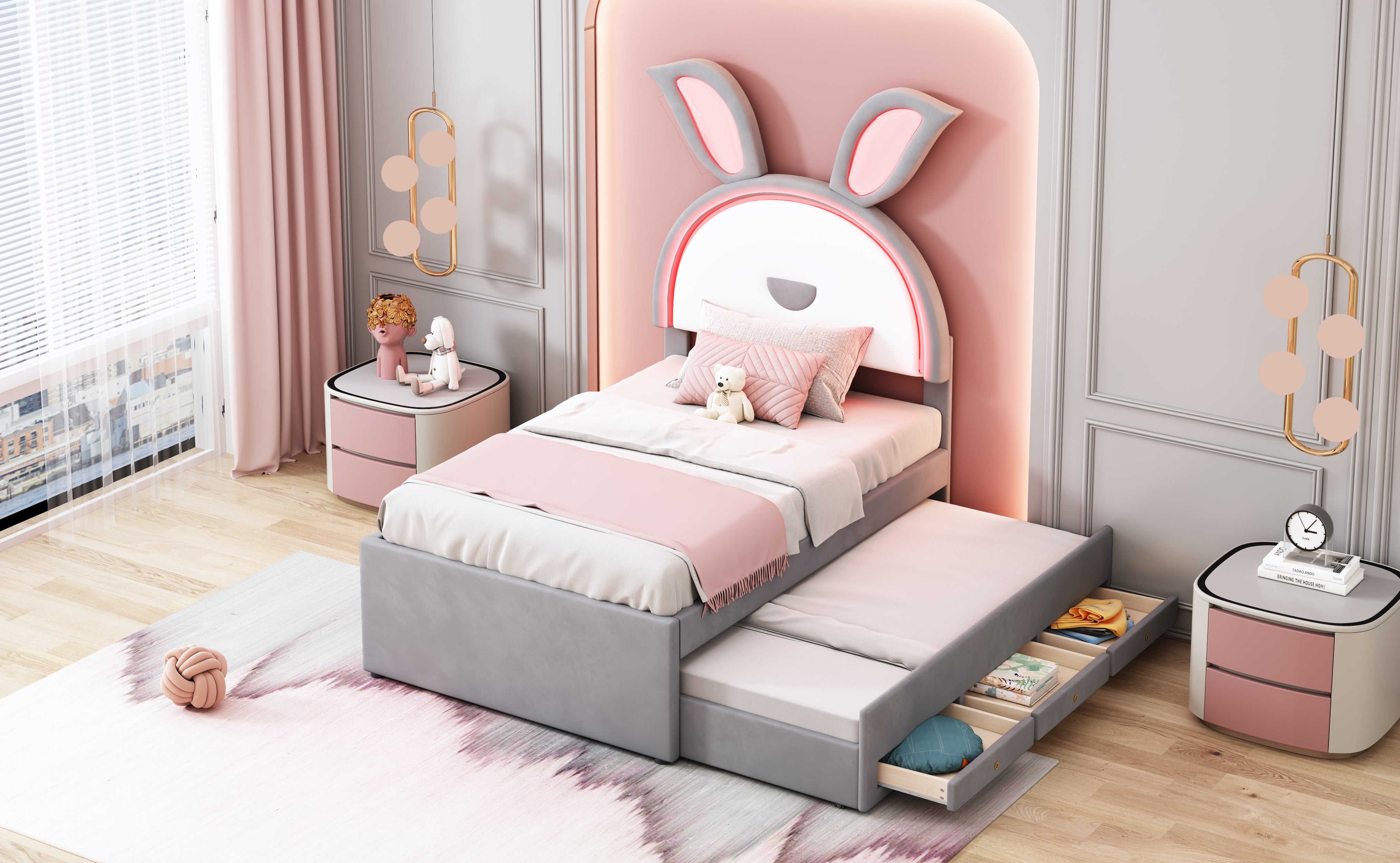 Children's Bed, Upholstered Sofa with Pull-Out, Storage & LED, Gray Velvet