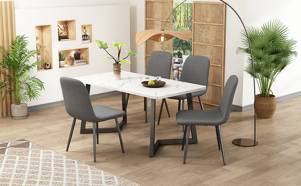 Dining Set (5-Piece) with 4 Modern Chairs, Metal Legs, Grey Linen/Black Table Legs