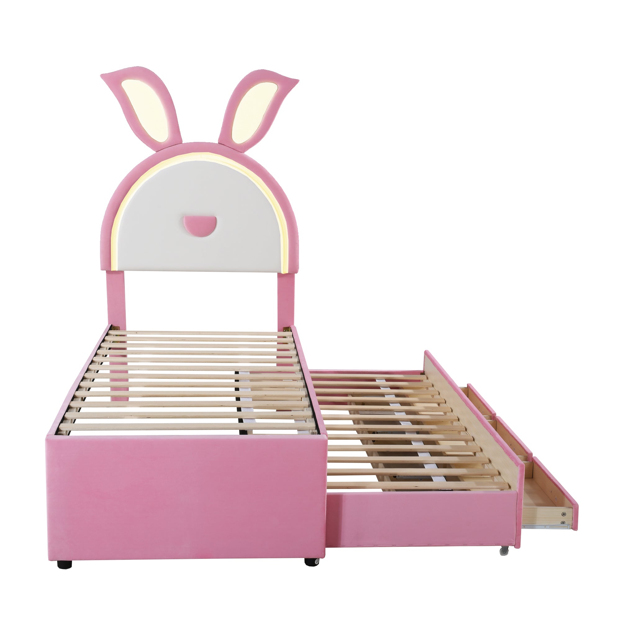 Children's Upholstered Bed, Multifunctional Single/Sofa Bed with Pull-Out Bed, Storage Drawer & LED Light, Pink Velvet