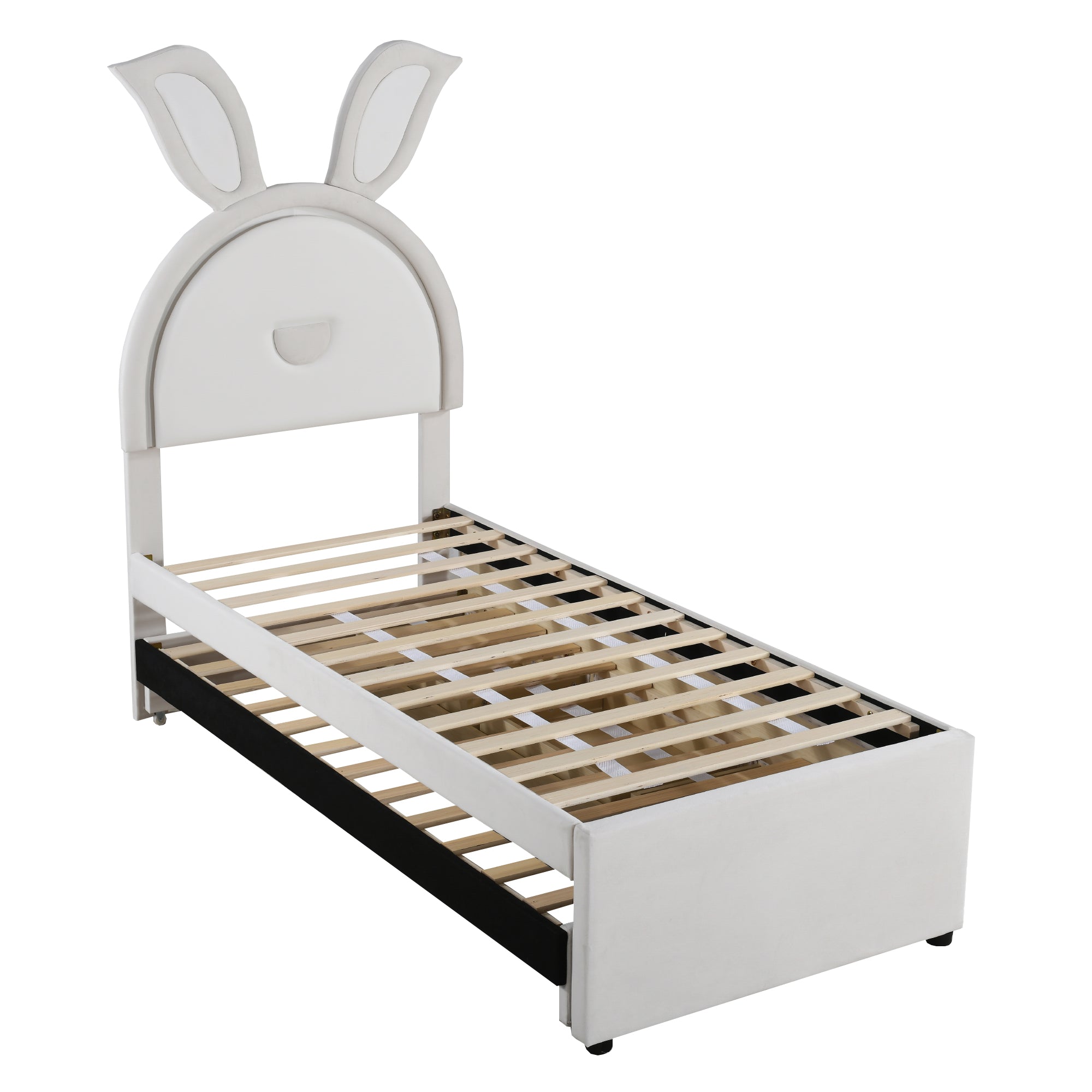 Children's Bed Upholstered Sofa with Pull-Out, Storage & LED Light, Beige Velvet