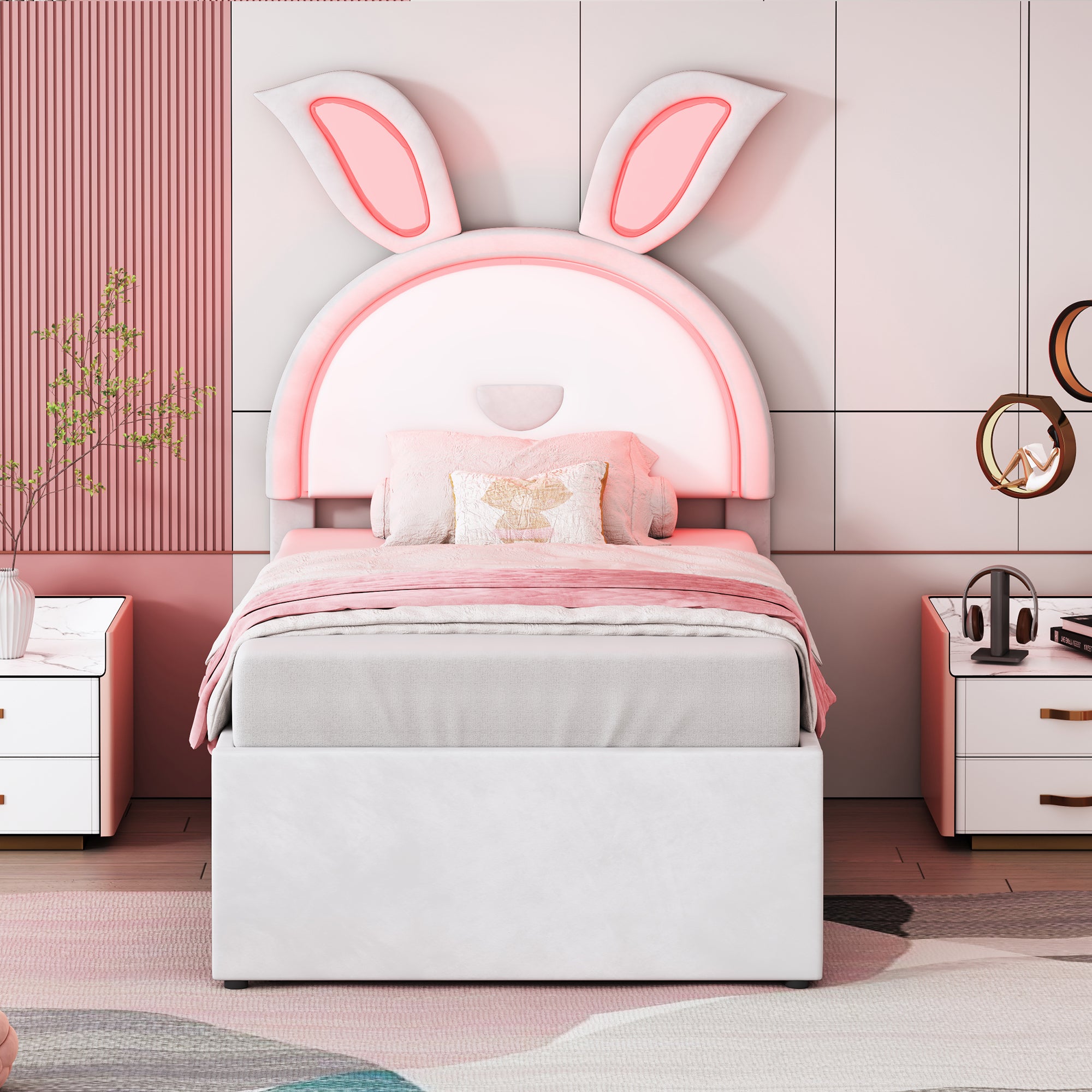 Children's Bed Upholstered Sofa with Pull-Out, Storage & LED Light, Beige Velvet