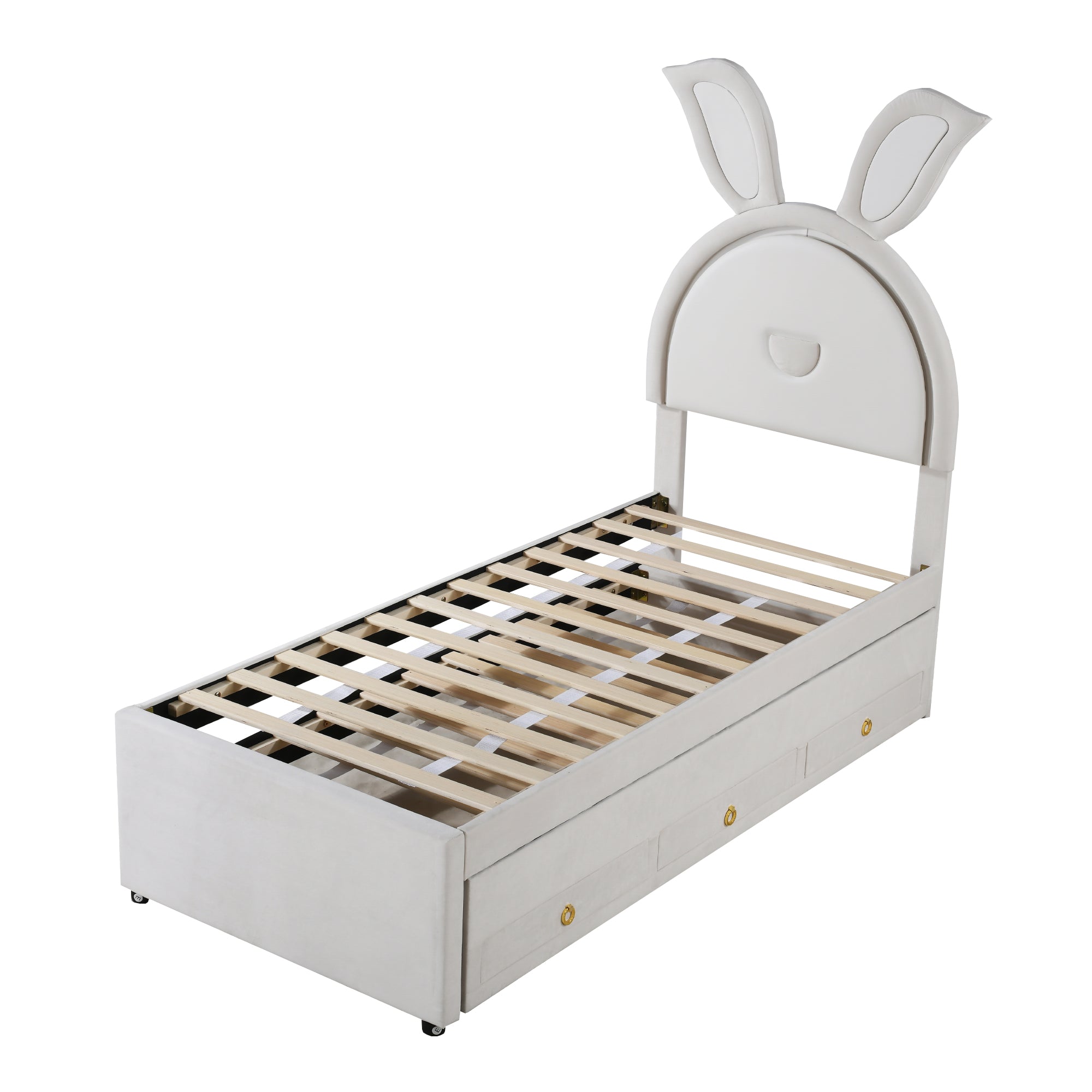 Children's Bed Upholstered Sofa with Pull-Out, Storage & LED Light, Beige Velvet