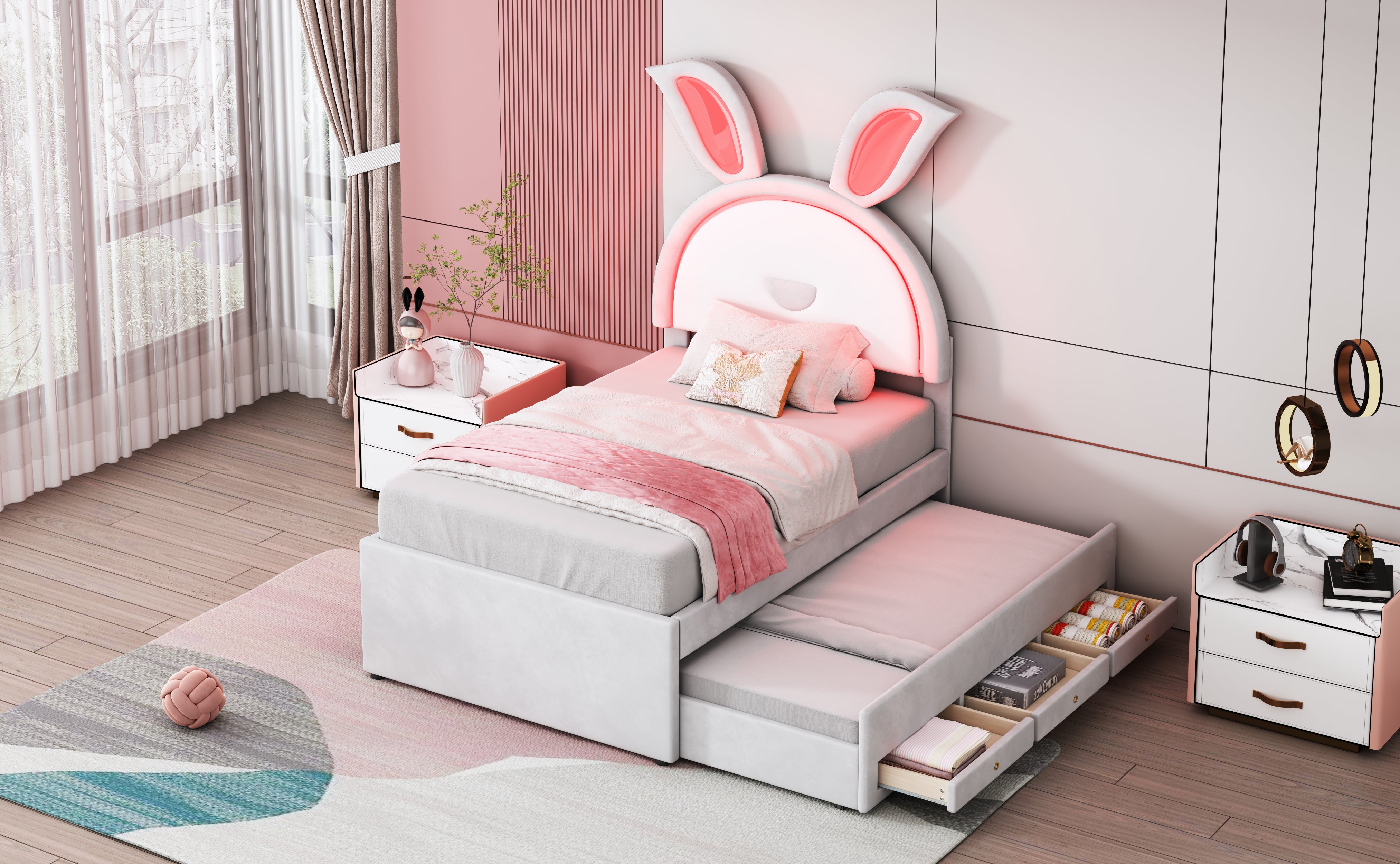 Children's Bed Upholstered Sofa with Pull-Out, Storage & LED Light, Beige Velvet