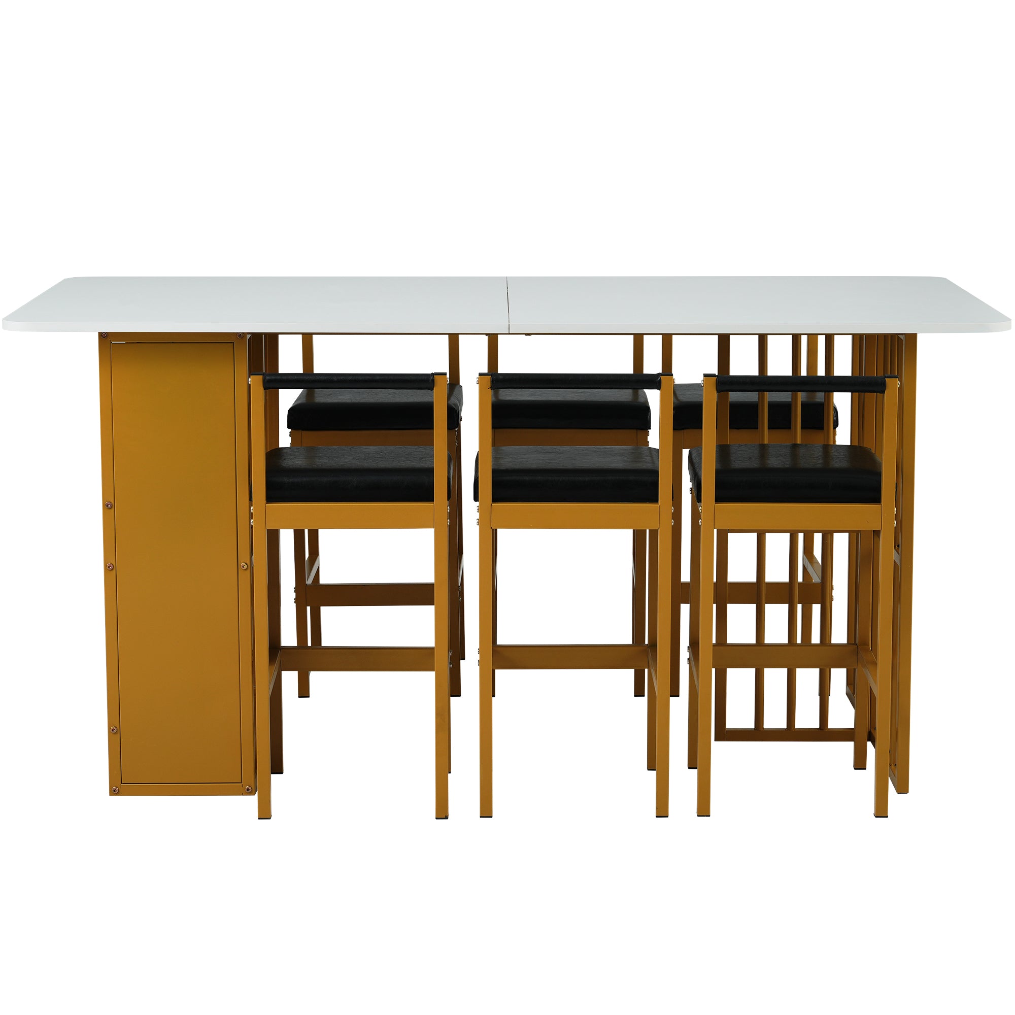 Dining Set with Rectangular Table and 6 Chairs, Steel Frame, White and Gold