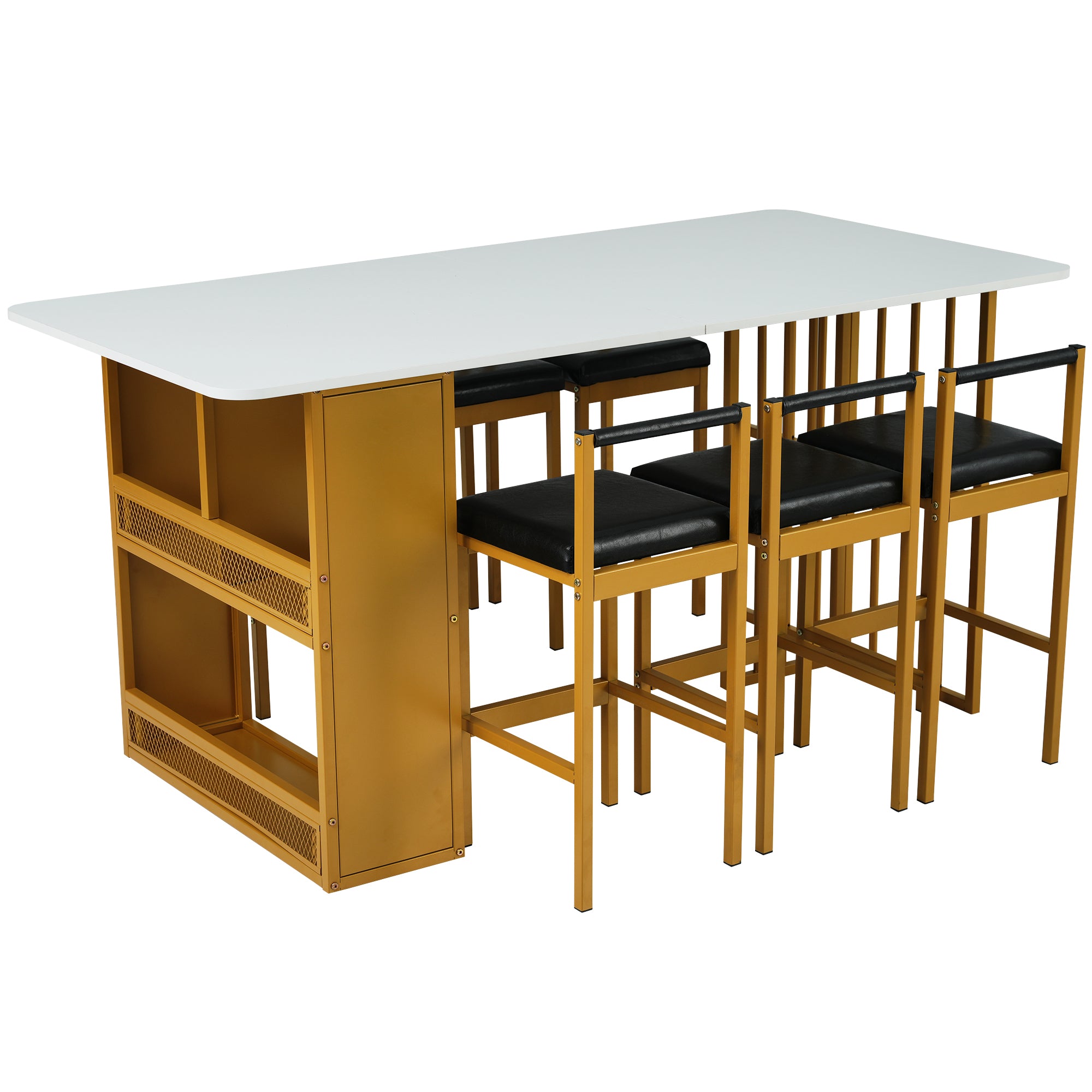 Dining Set with Rectangular Table and 6 Chairs, Steel Frame, White and Gold