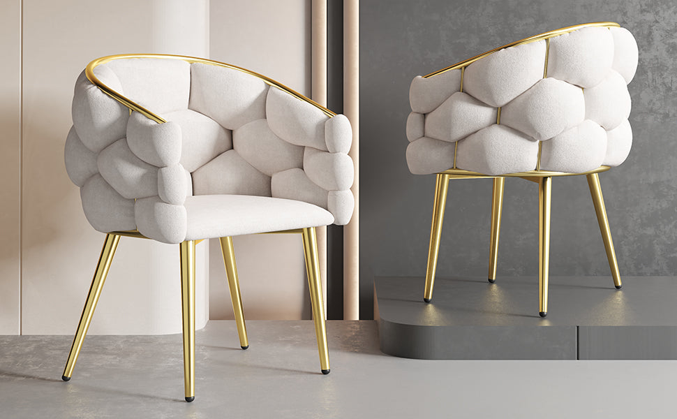 Luxury Velvet Chair, Modern Dining Accent Makeup Chair Gold-Plated Iron Legs, Beige