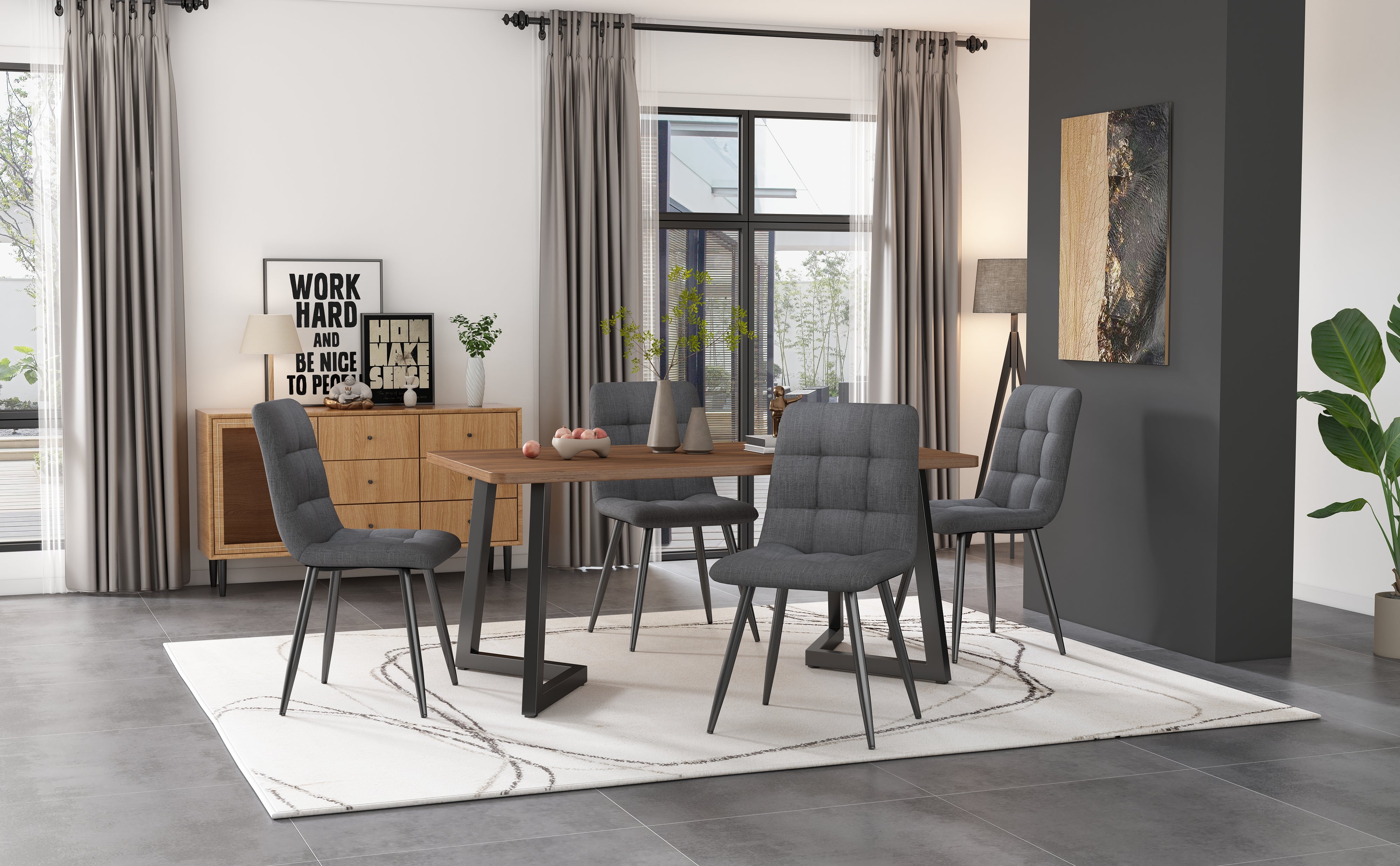 Dining Table 117x68cm Rectangular Metal Frame Wood Grain, Black/Walnut Color