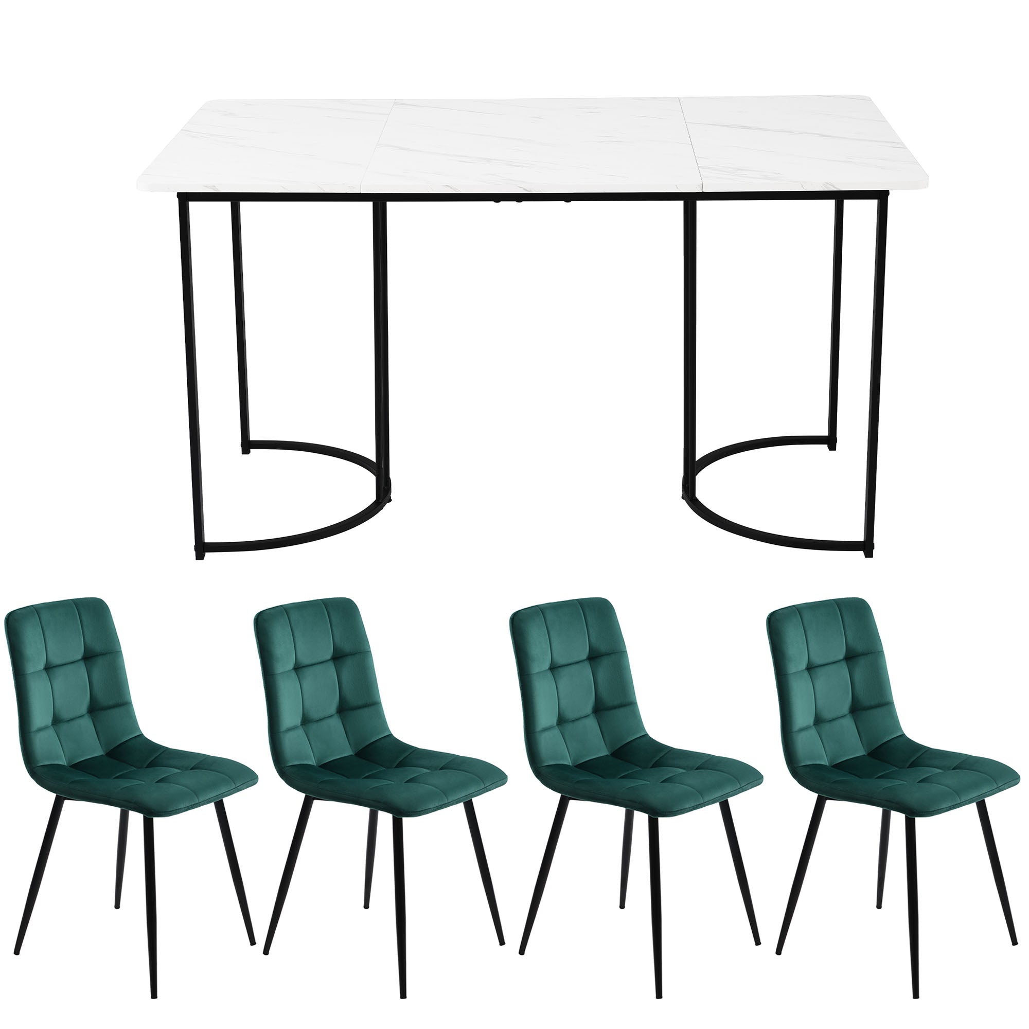 Dining Set, 5-Piece Modern Kitchen Table with 4 Chairs, 140x80cm, White MDF & Dark Green Velvet