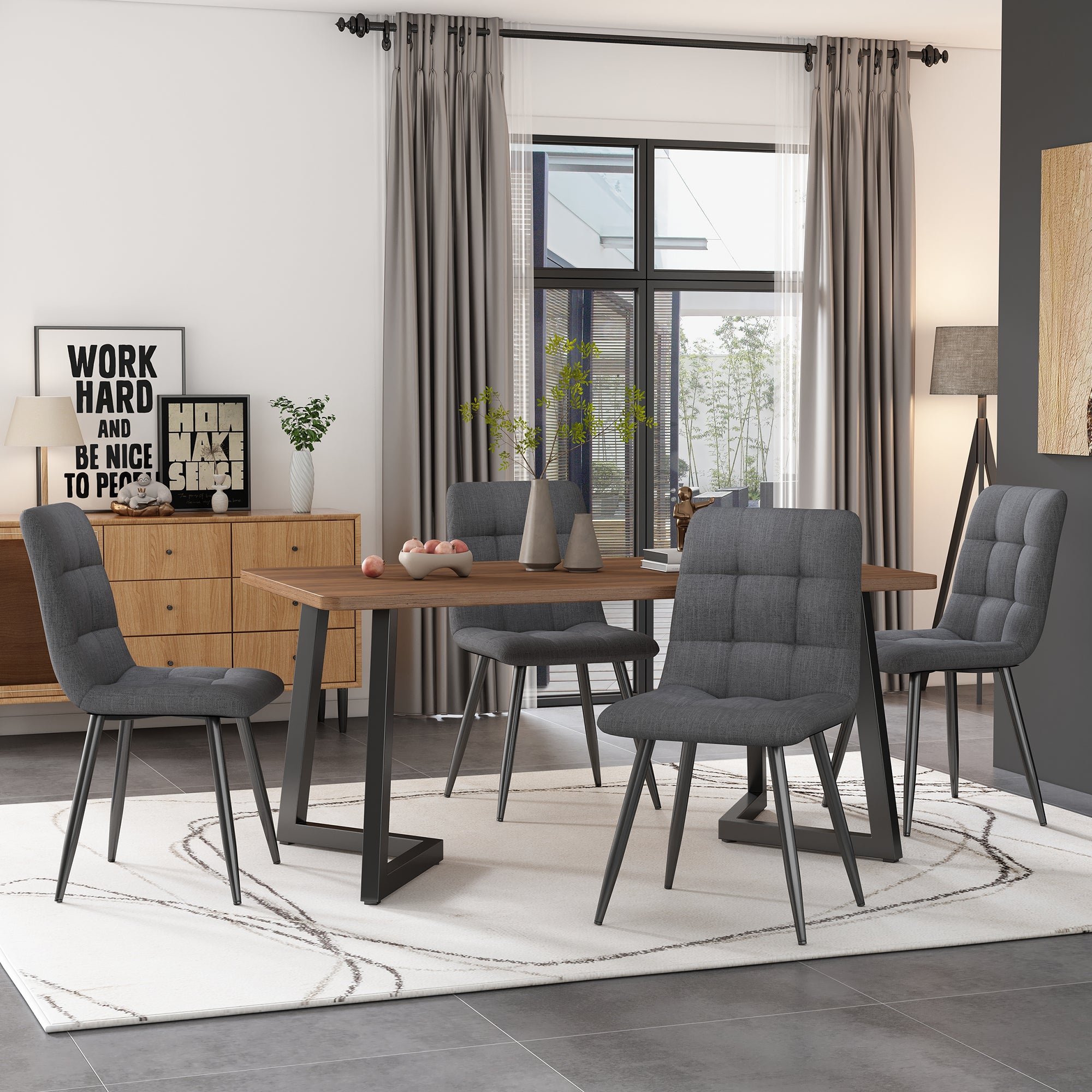 Dining Table 117x68cm Rectangular Metal Frame Wood Grain, Black/Walnut Color