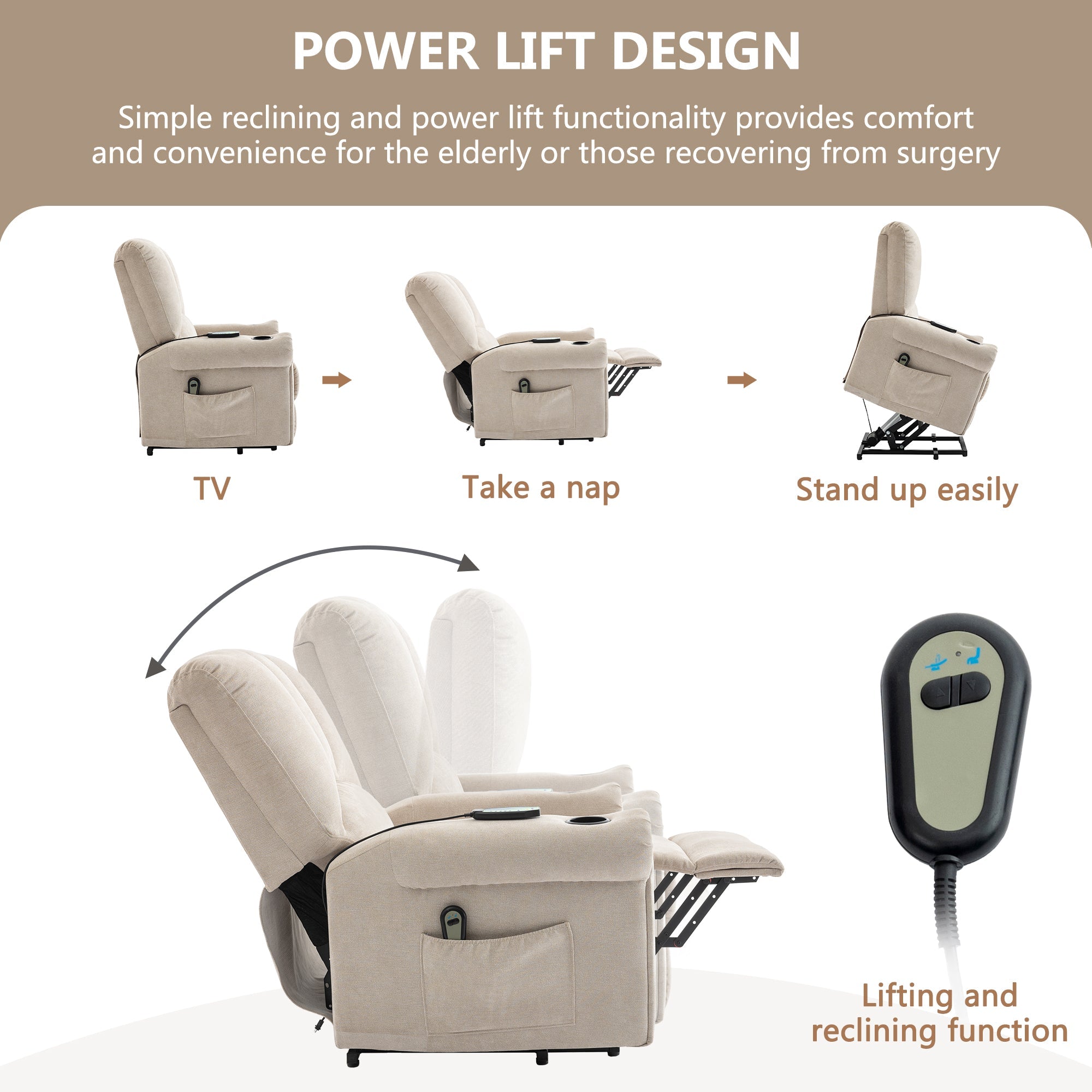 Power Lift Geriatric Recliner Chair with Single Motor, Heated Massage, Standing Assist, Storage Bag & Cup Holder in Beige