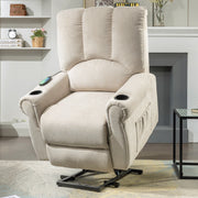 Power Lift Geriatric Recliner Chair with Single Motor, Heated Massage, Standing Assist, Storage Bag & Cup Holder in Beige