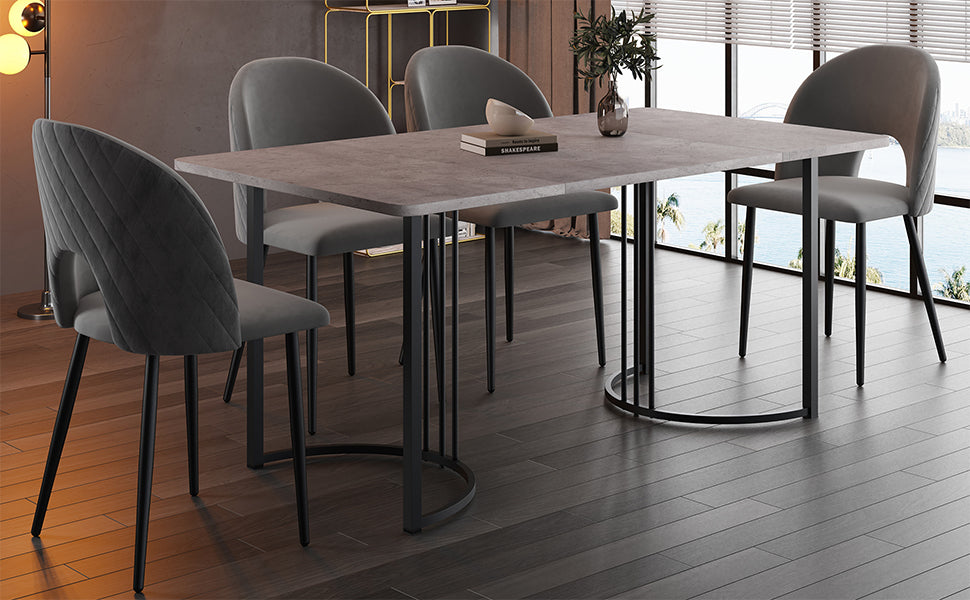 Dining Set, 140x80cm with 4 Velvet Chairs, Gray MDF & Black Legs