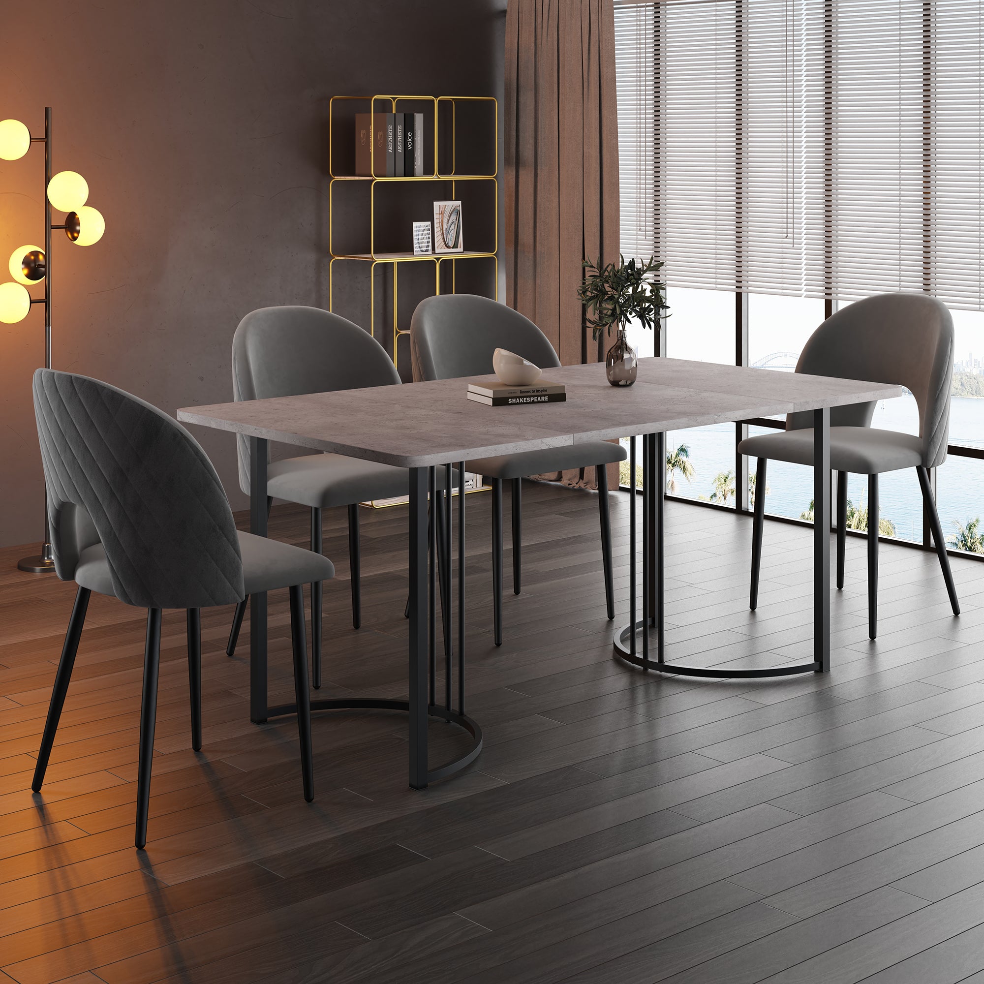 Dining Set, 140x80cm with 4 Velvet Chairs, Gray MDF & Black Legs
