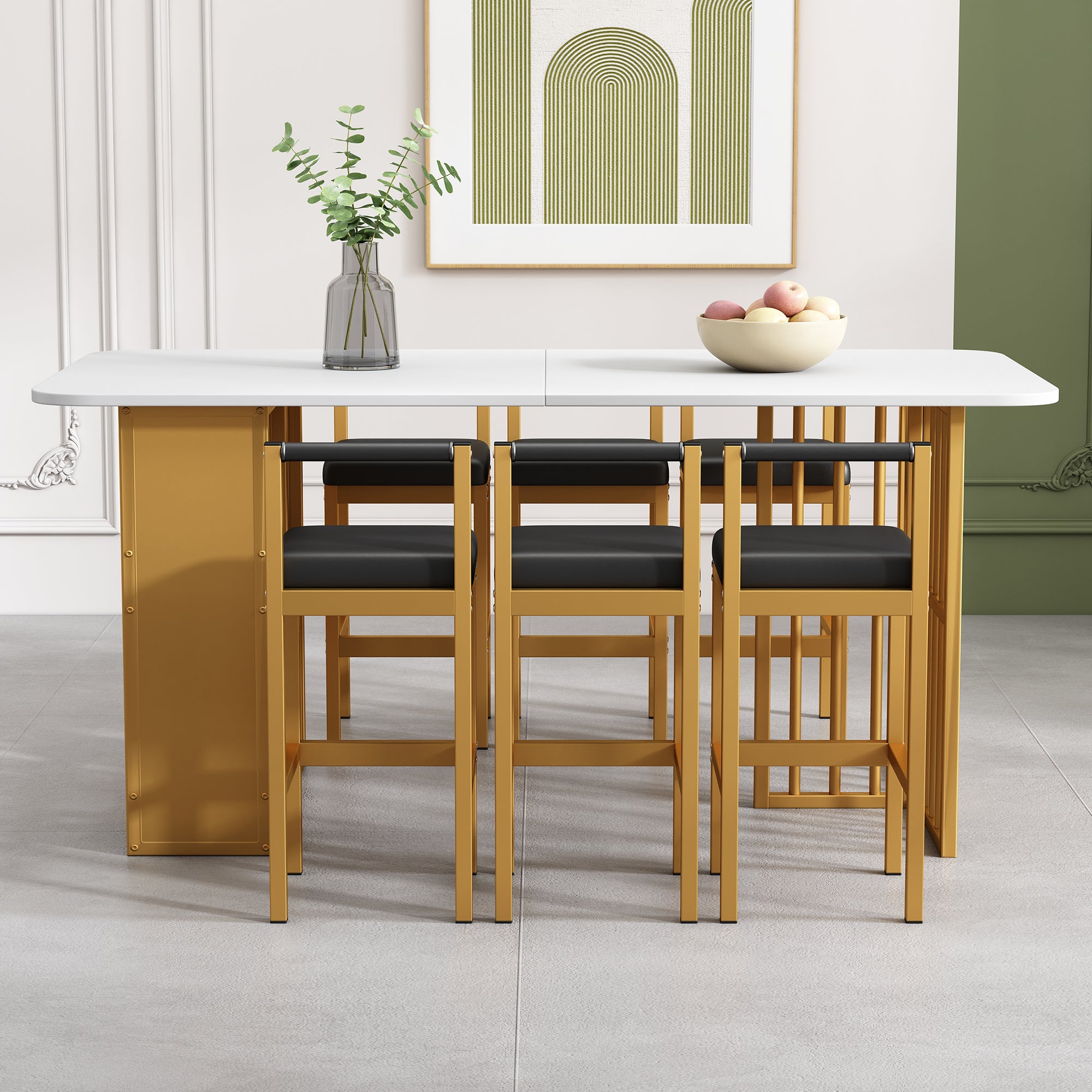 Dining Set with Rectangular Table and 6 Chairs, Steel Frame, White and Gold
