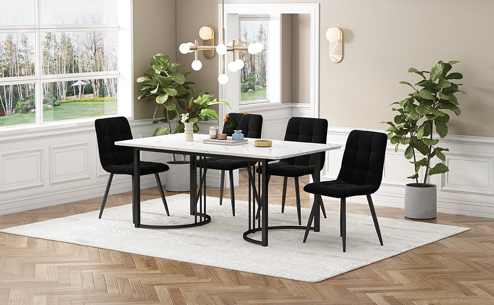 Dining Set, 5-Piece Modern Kitchen Table with 4 Chairs, White MDF & Black Velvet