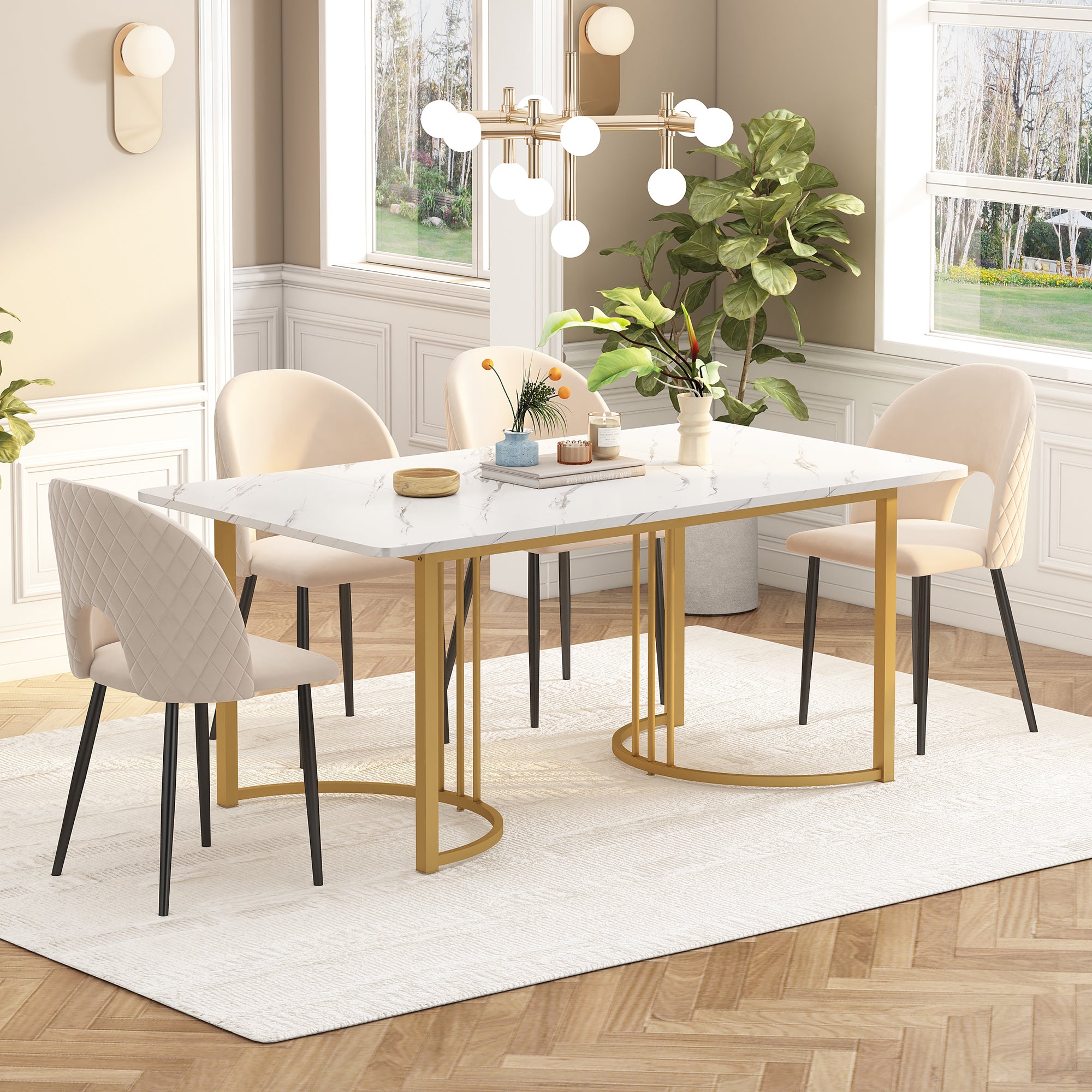 140 x 80cm Dining Table, Modern Rectangular Marble Pattern with Adjustable Metal Legs, White/Gold