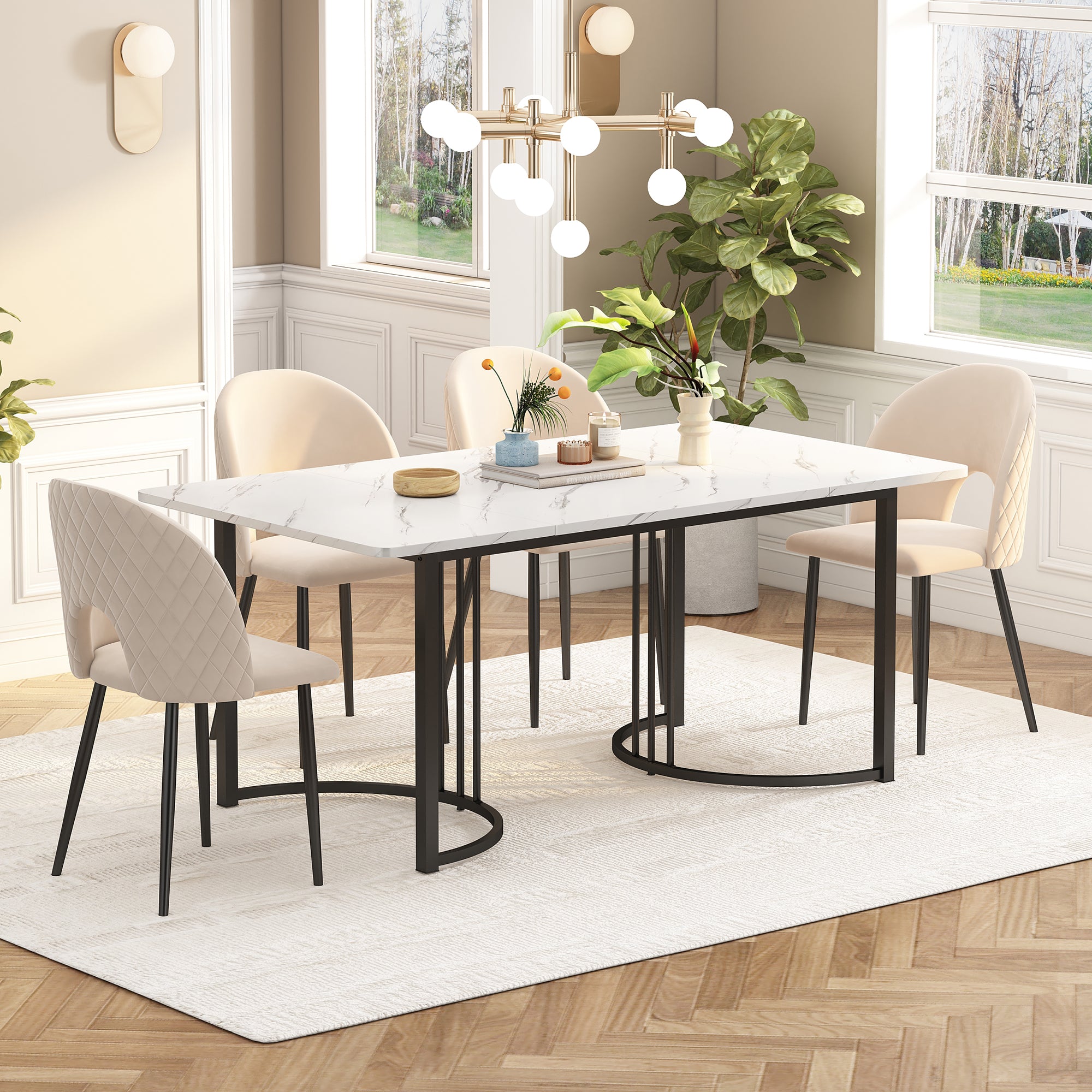 Dining Table, Modern Marble Pattern Rectangular with Adjustable Feet, White/Black Metal