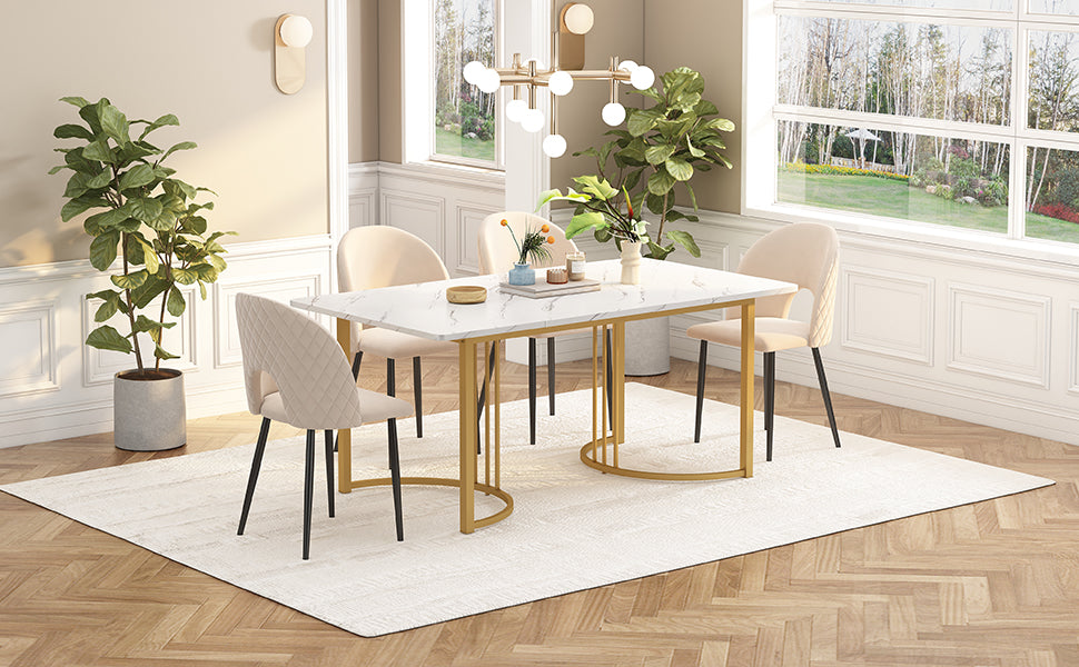 Dining Table, 140x80cm Modern Marble Pattern, Metal Frame, White/Gold