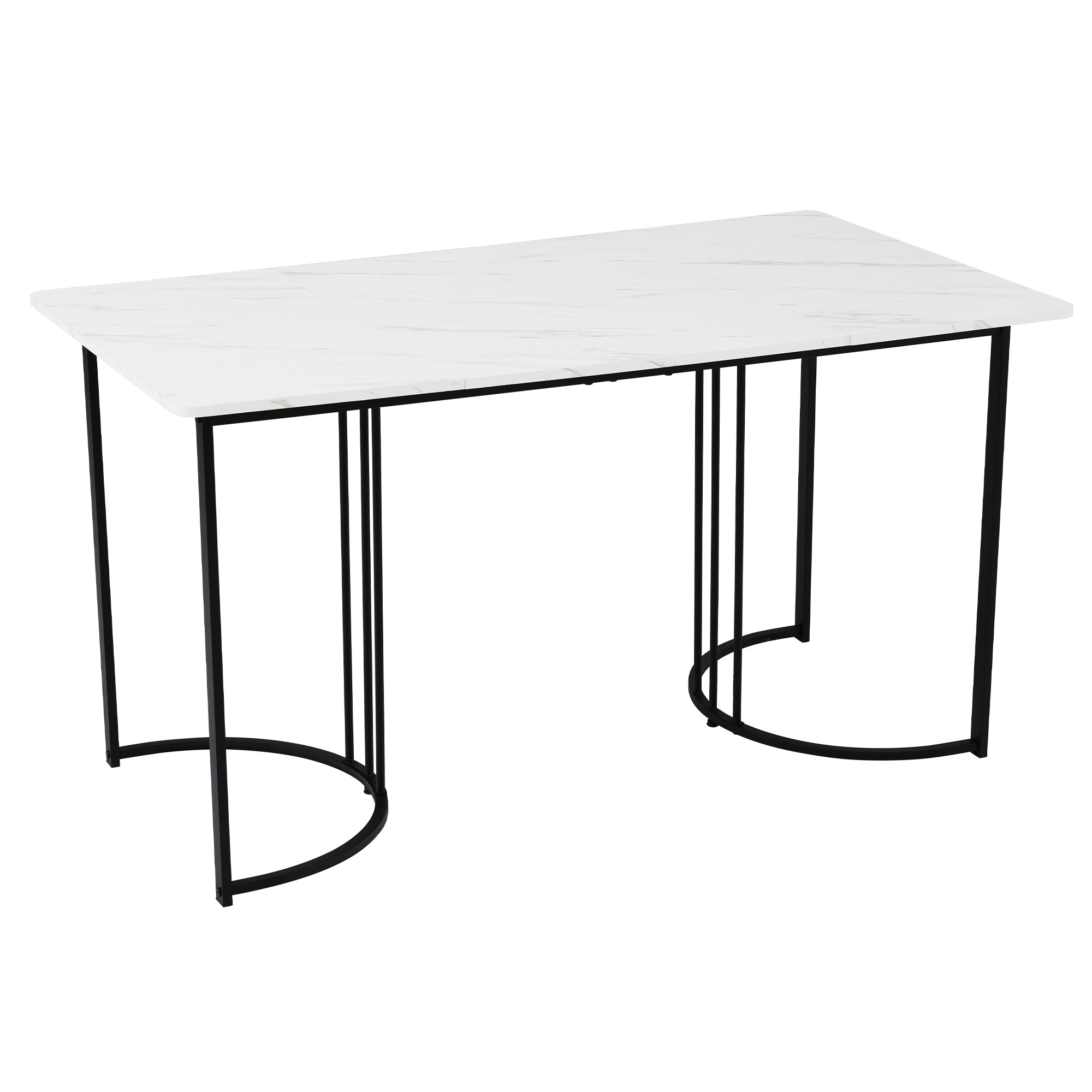 Dining Table, Modern Marble Pattern Rectangular with Adjustable Feet, White/Black Metal