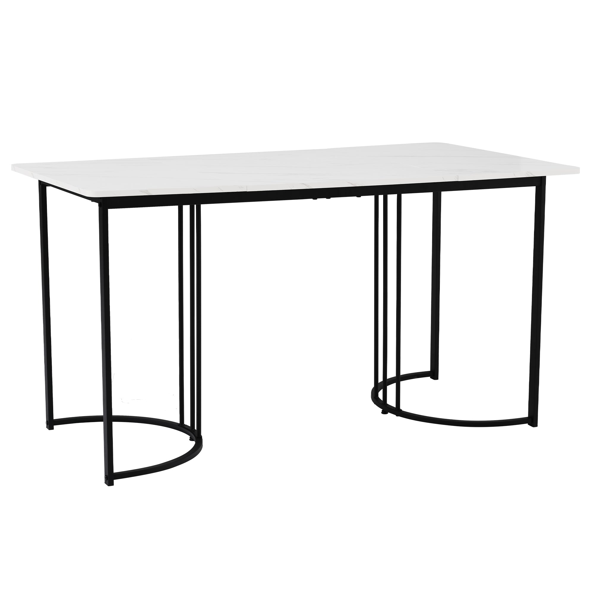 Dining Table, Modern Marble Pattern Rectangular with Adjustable Feet, White/Black Metal