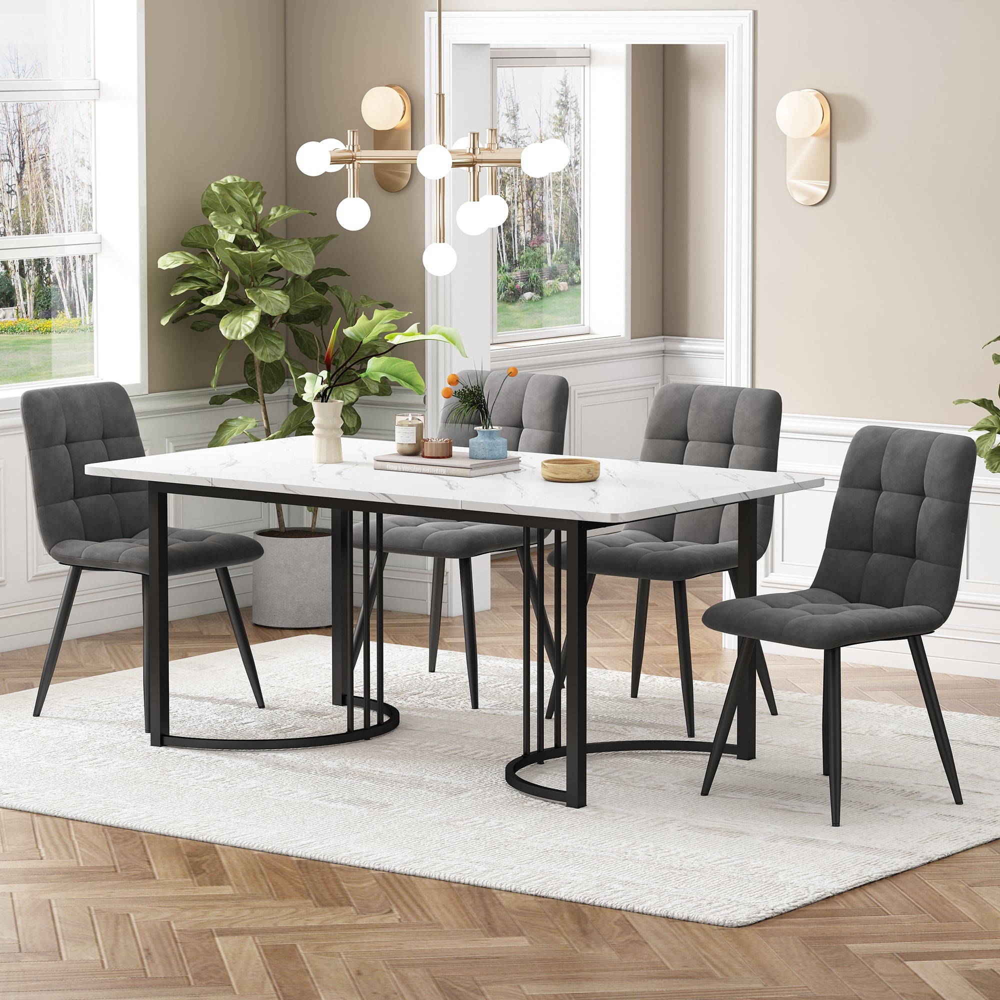 Dining Set, 5-Piece Modern Kitchen Table with 4 Chairs, 140x80cm, White MDF & Black Metal Legs, Dark Gray Velvet Chairs