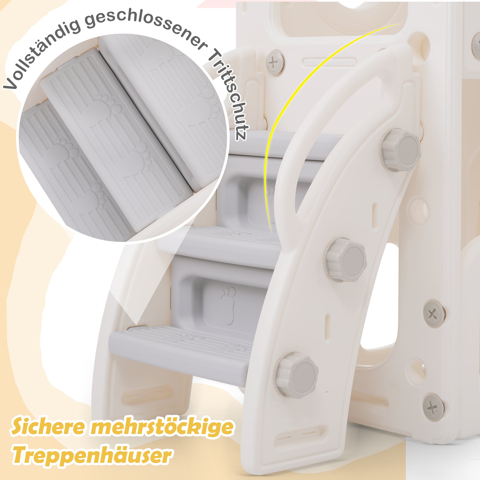 Bears Kids 6-in-1 Slide, one slide, two platforms, two floor cabinets, basketball hoop and stairs, high-density polyethylene