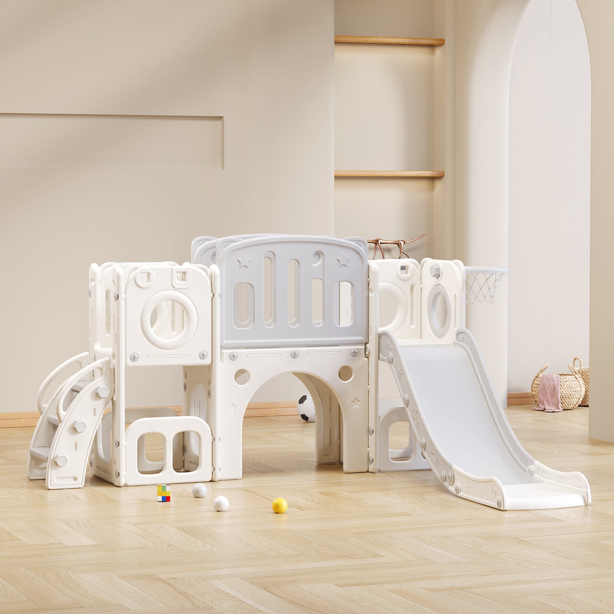 Bears Kids 6-in-1 Slide, one slide, two platforms, two floor cabinets, basketball hoop and stairs, high-density polyethylene